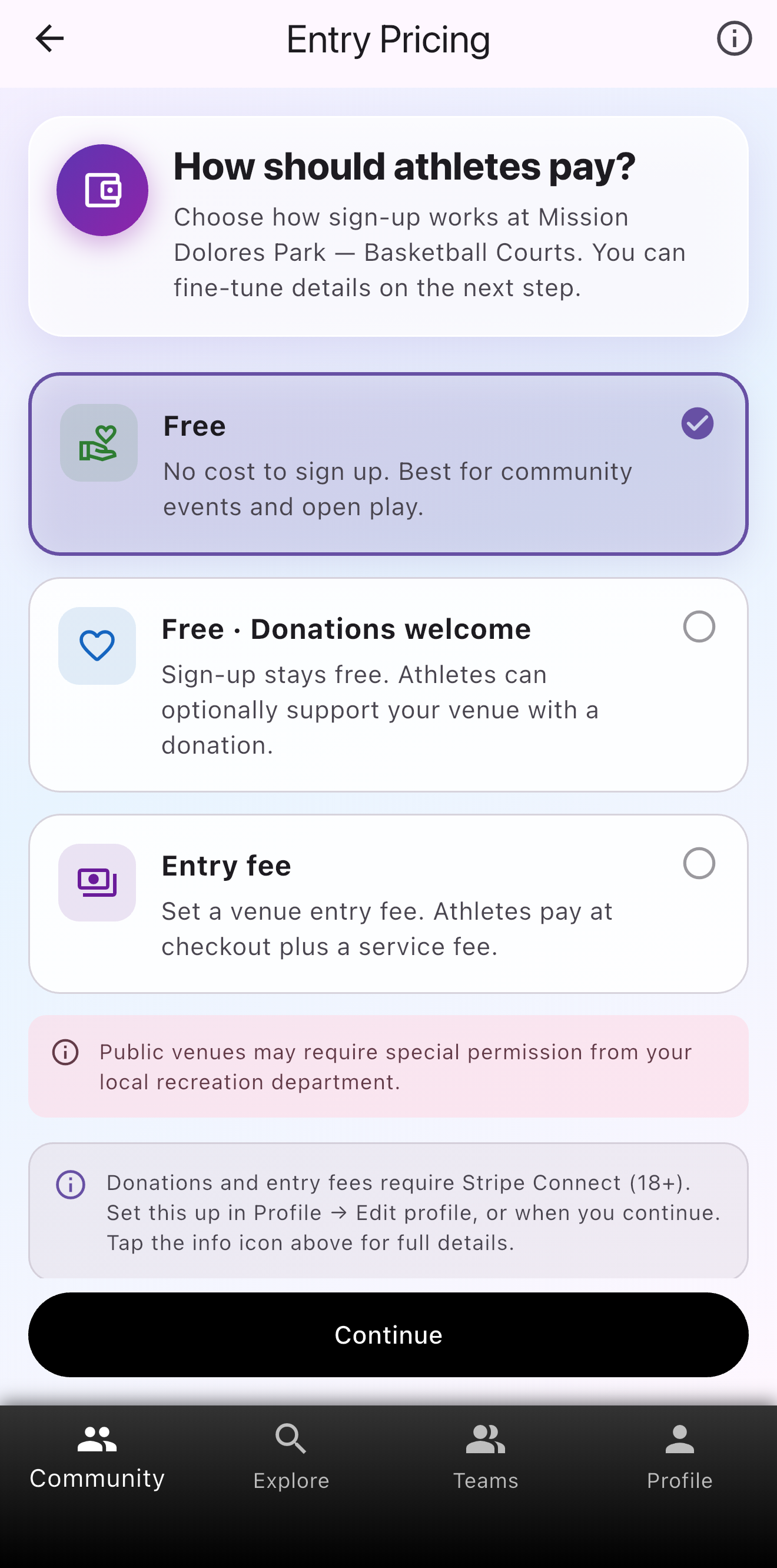 Entry pricing for a tournament: free, donations welcome, or entry fee