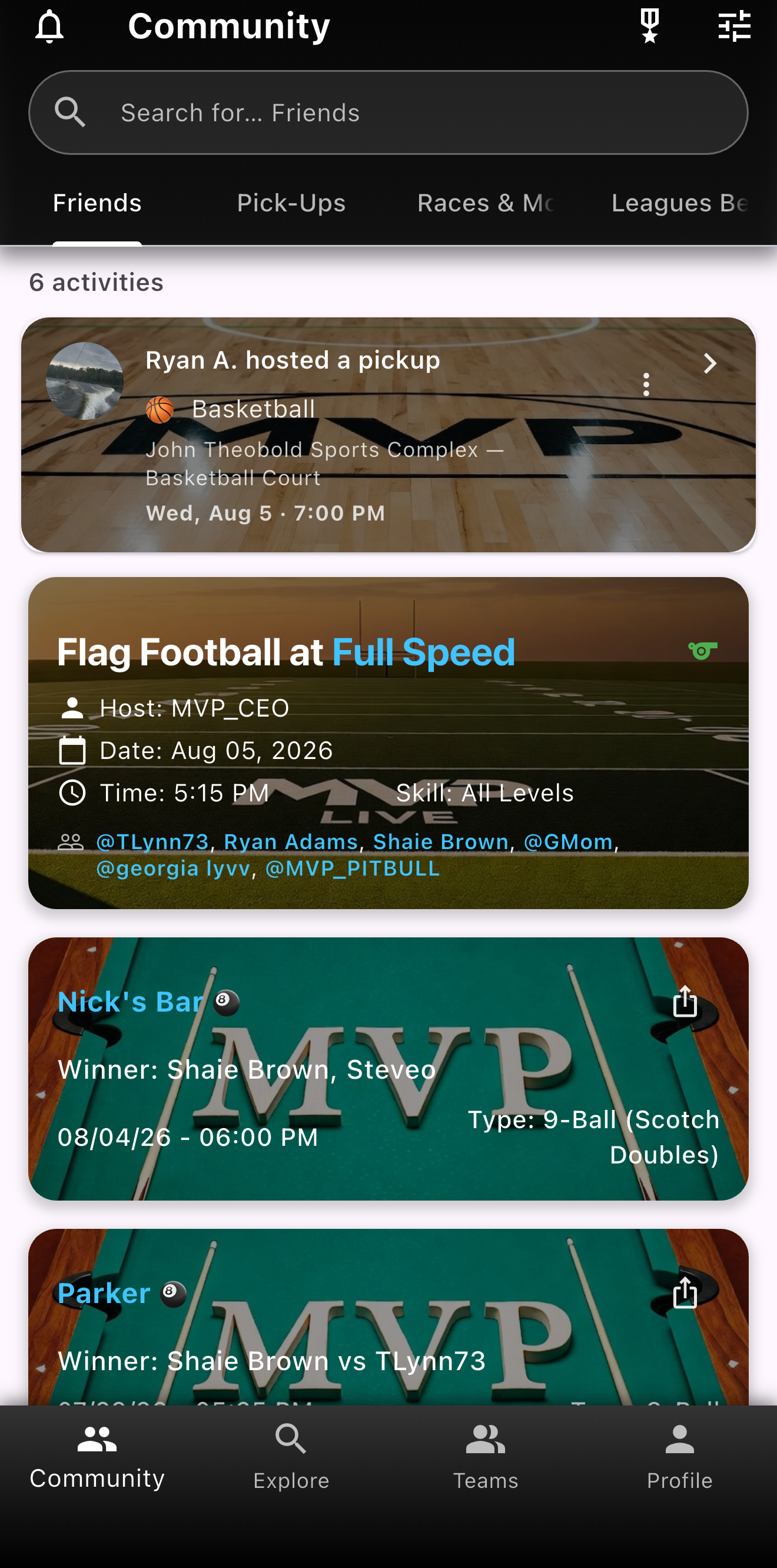 Friends tab social feed