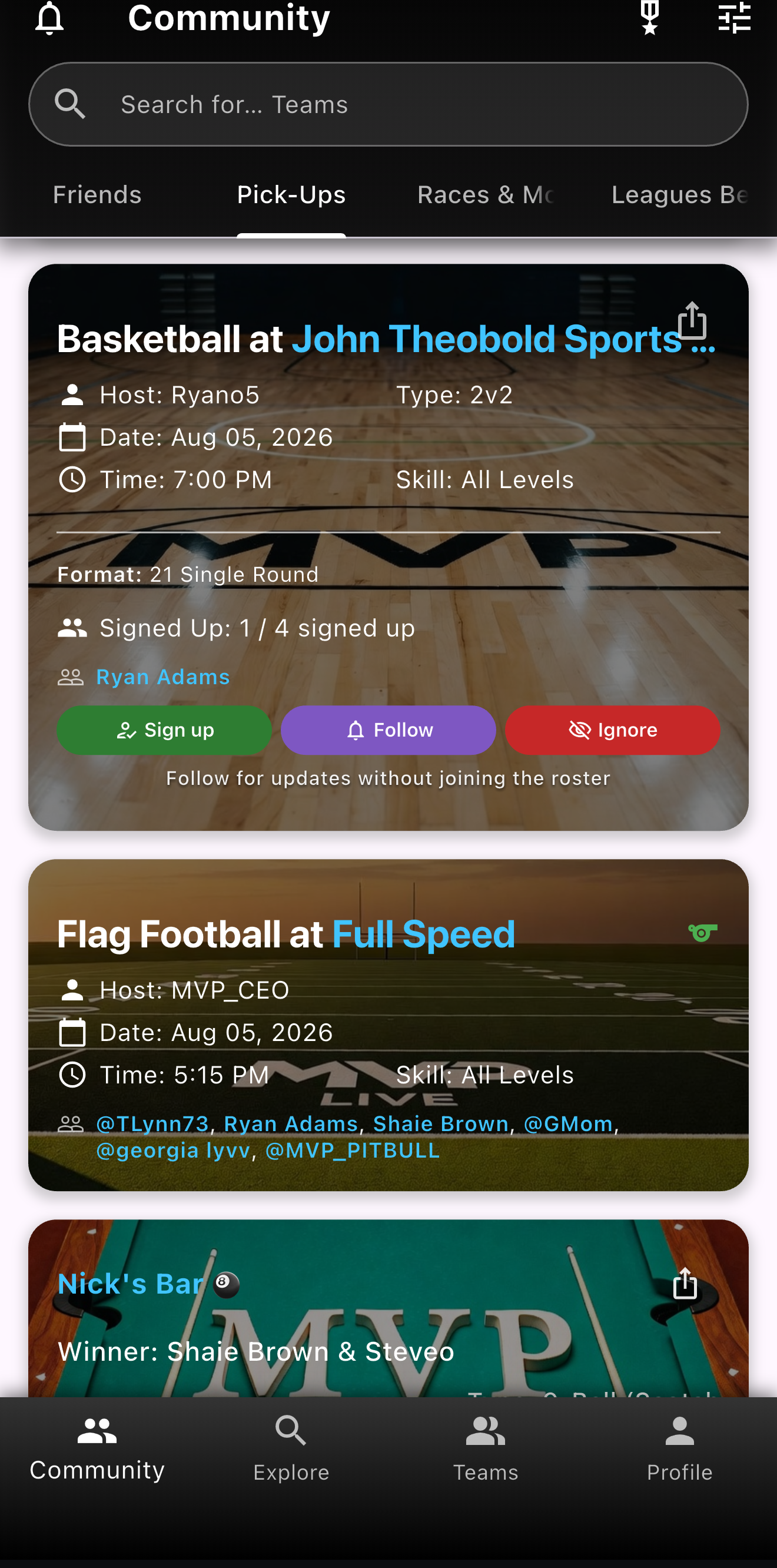 Pickups tab with pool, football, and basketball events