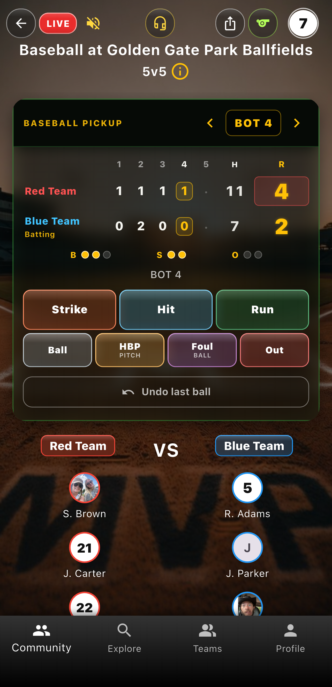 Live baseball pickup diamond scoreboard