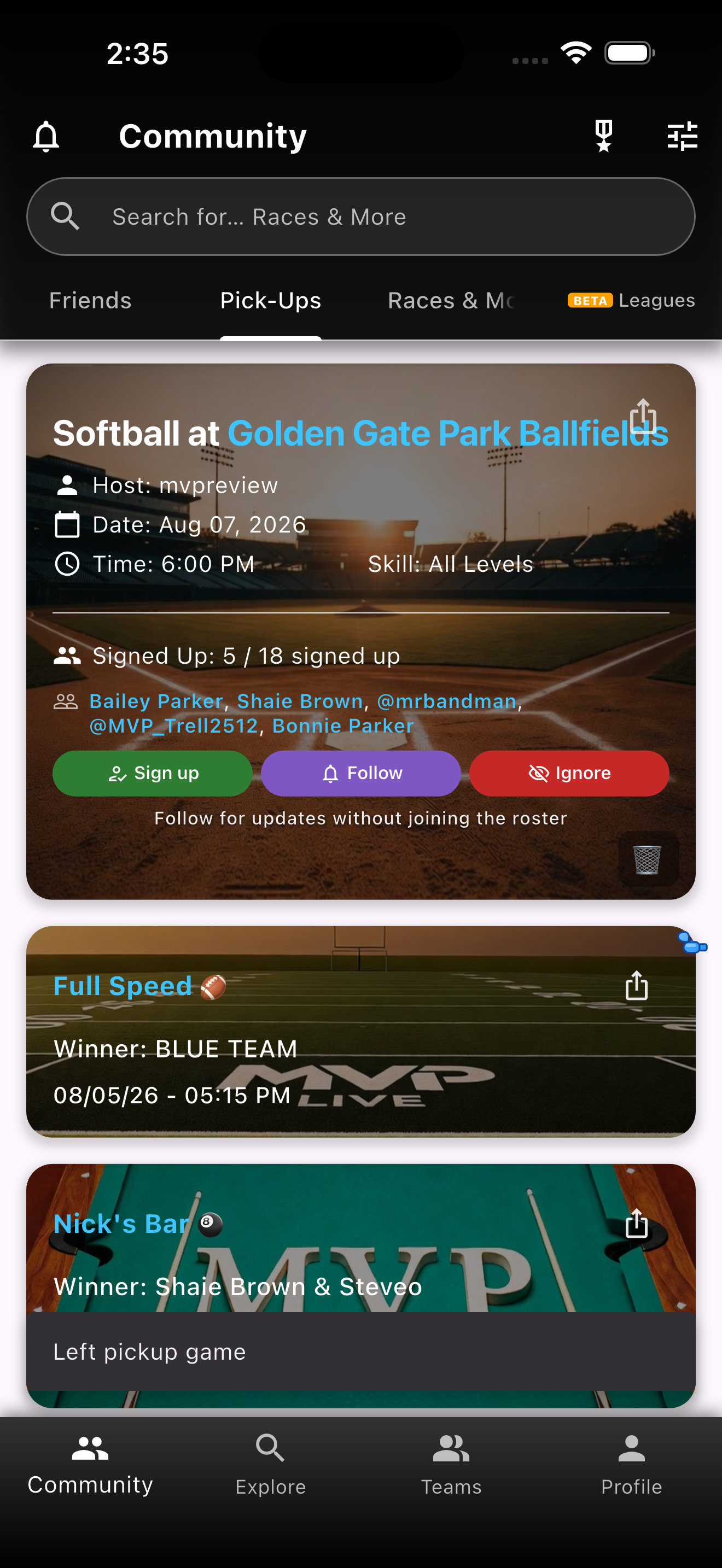 Softball pickup card before signing up with Sign up, Follow, and Ignore