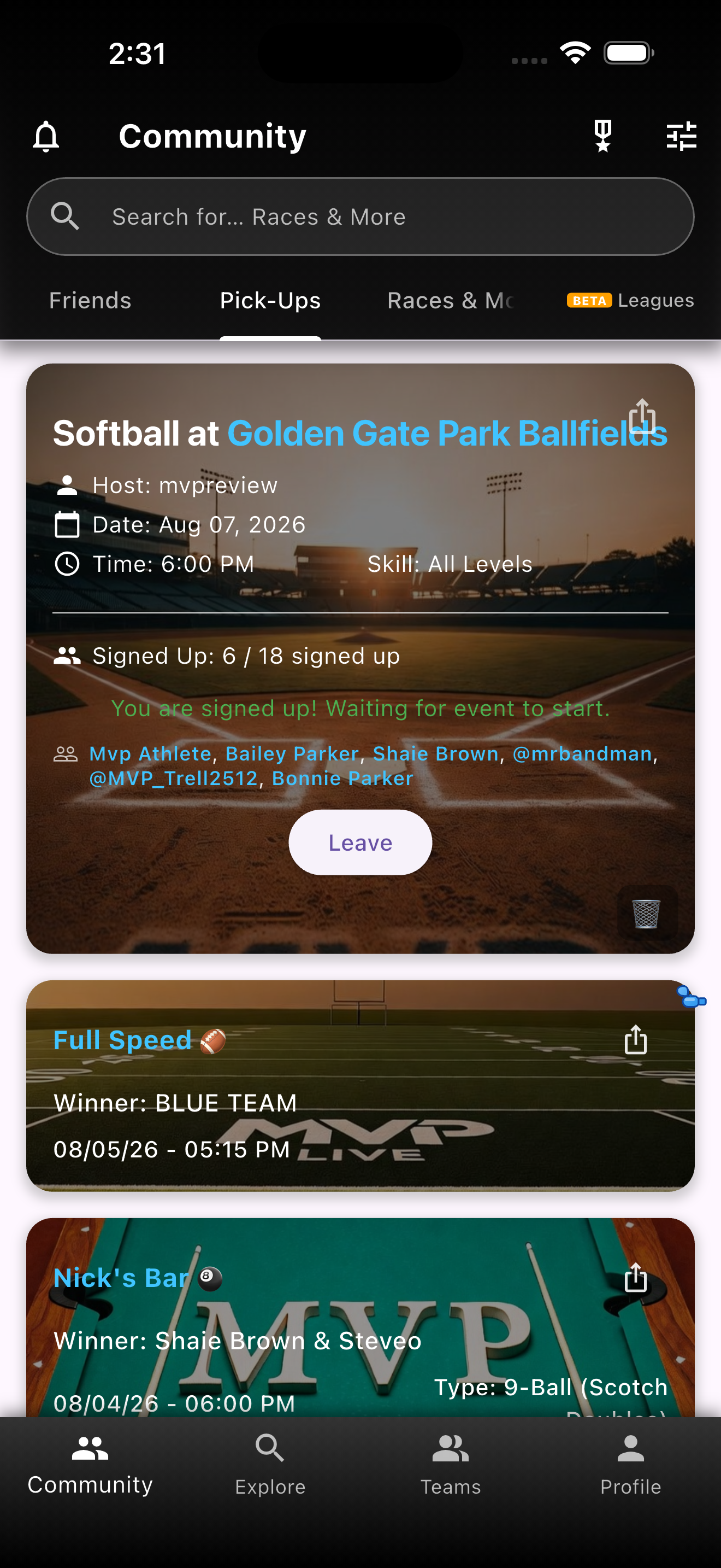 Softball pickup card after signing up with Leave