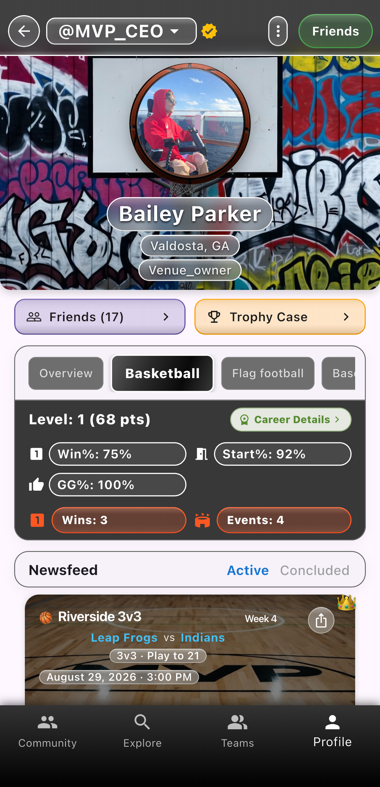 Basketball profile with win percent, start percent, and career stats