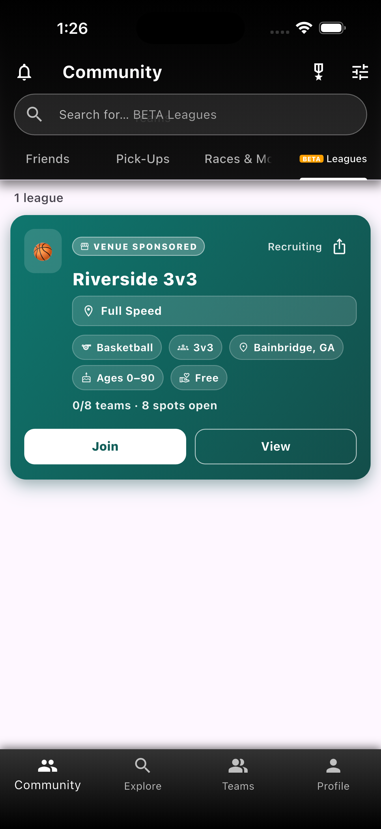 Basketball league card with Join and View on the Community Leagues tab