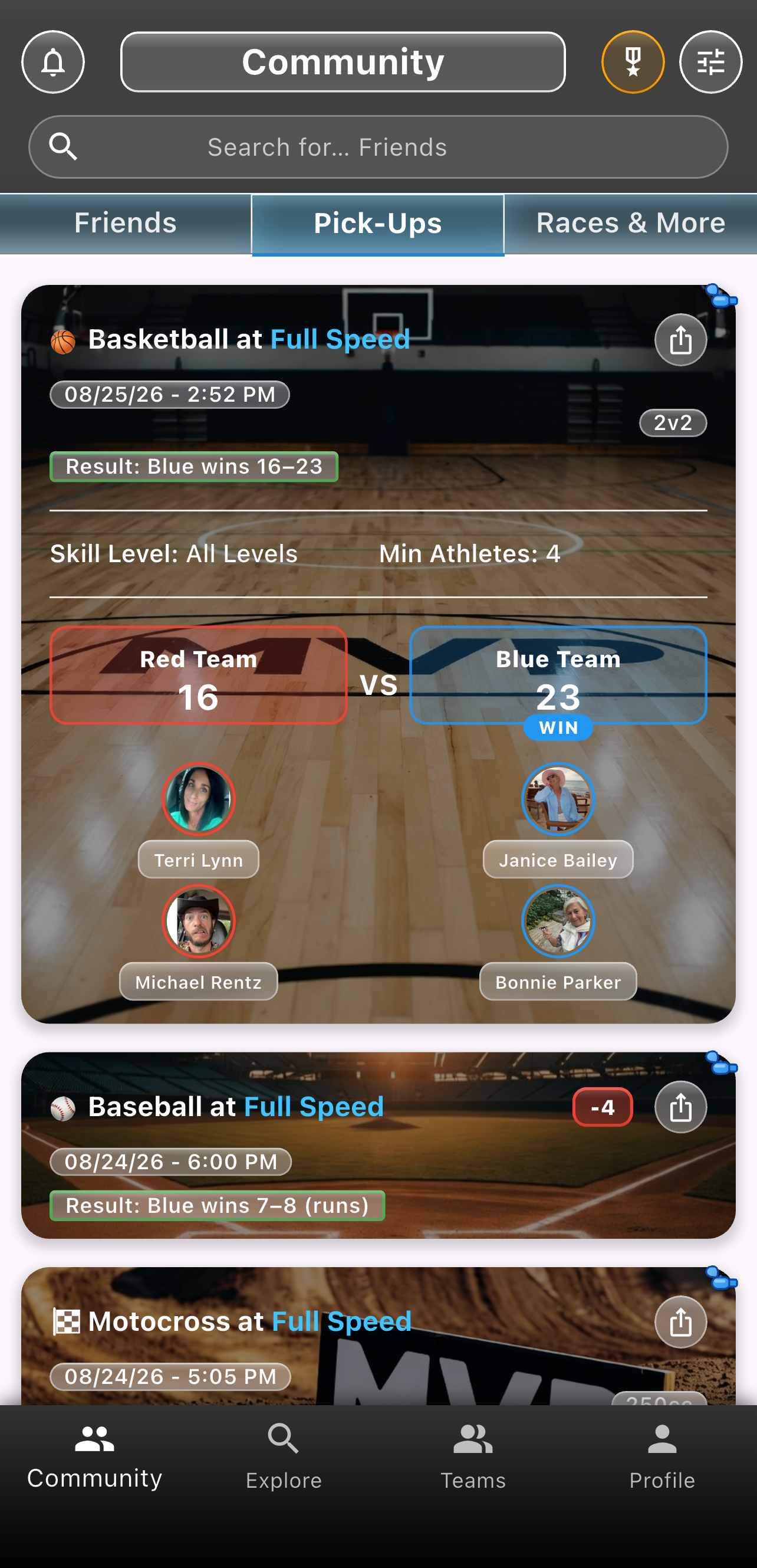 Concluded basketball pickup with Red 16 vs Blue 23 and WIN on Blue Team