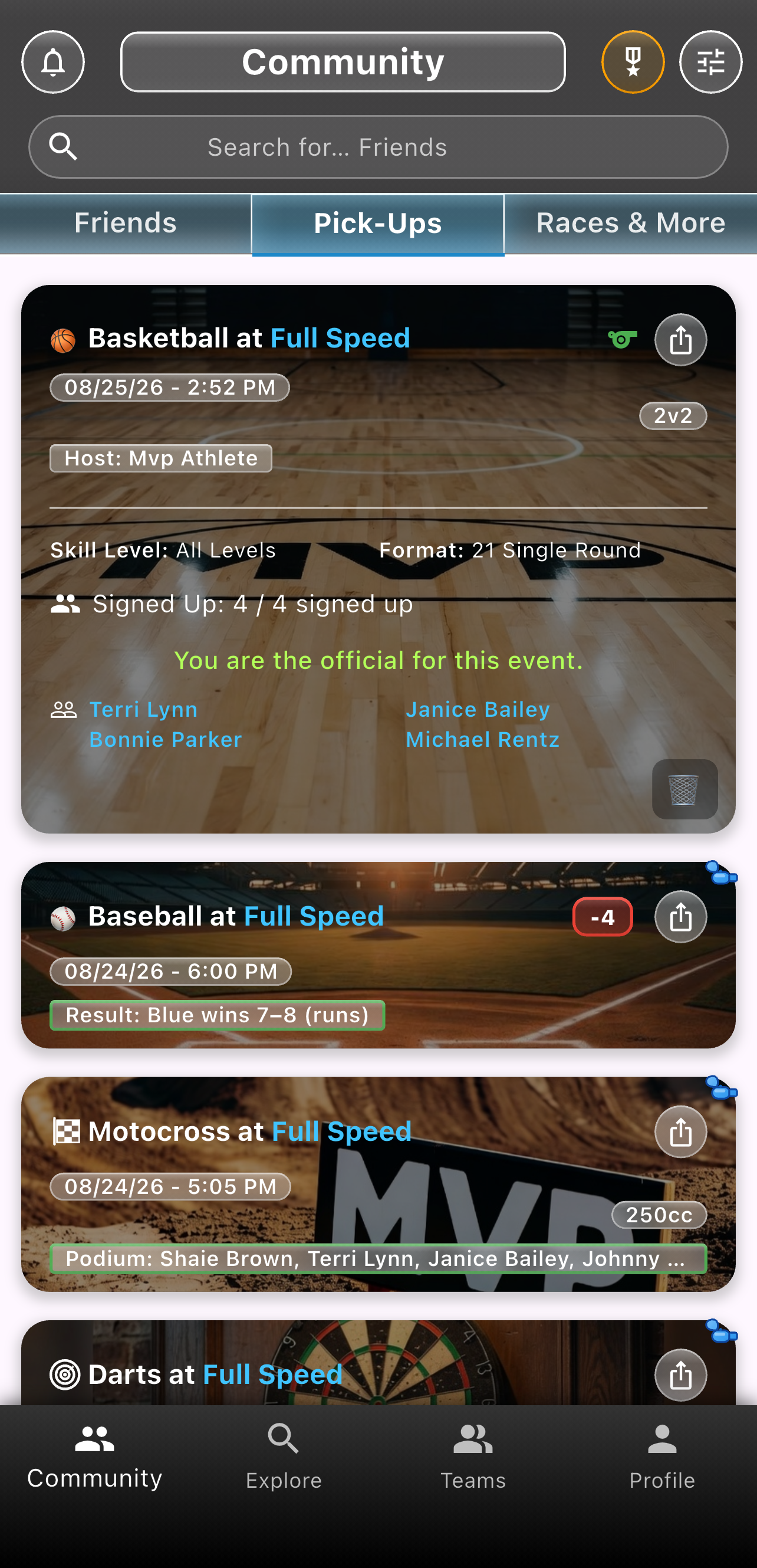 Basketball pickup on the Pick-Ups tab with 2v2, 21 Single Round, and signed-up players