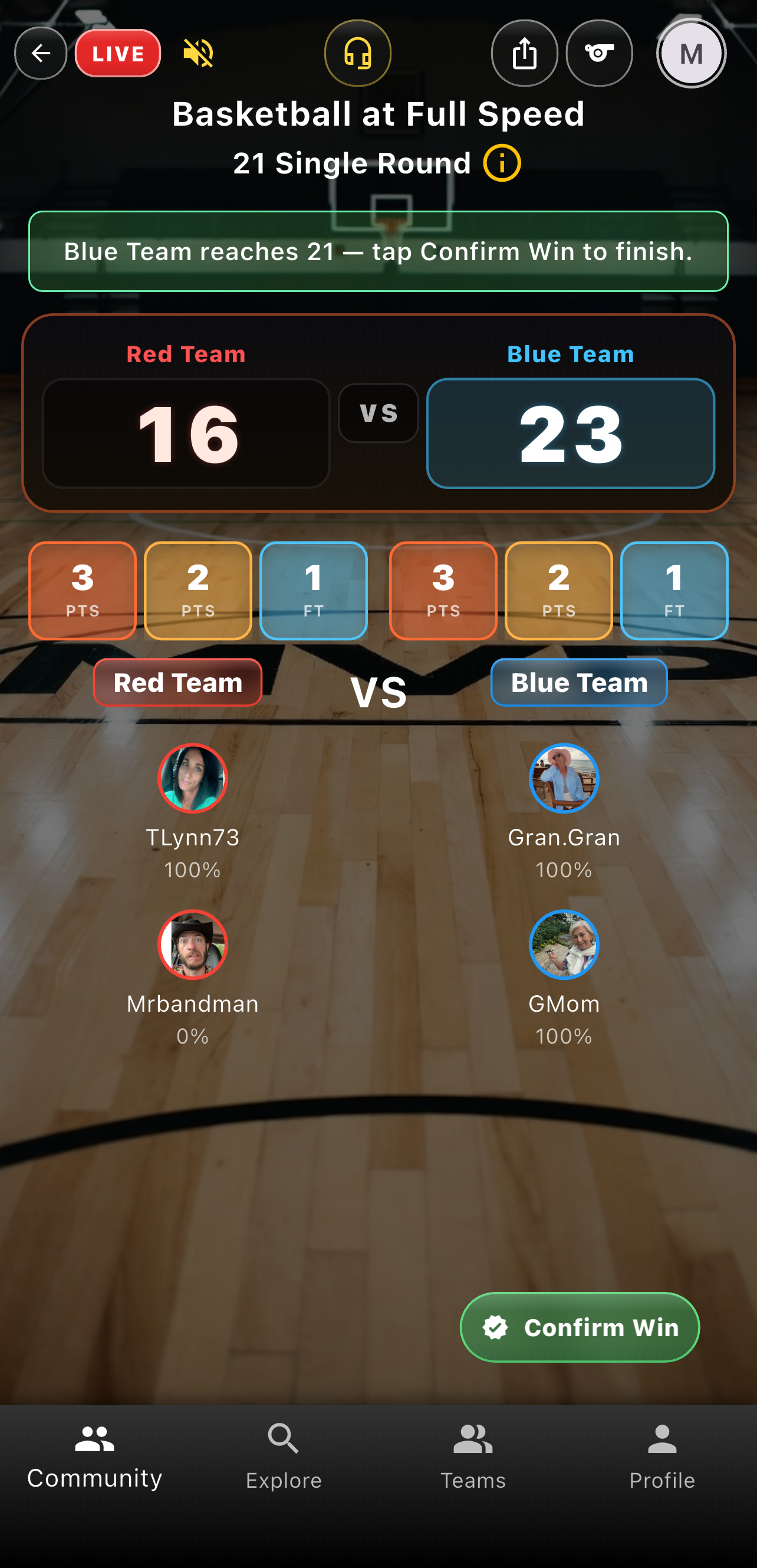 Basketball pickup Go Time at 16–23 with Confirm Win