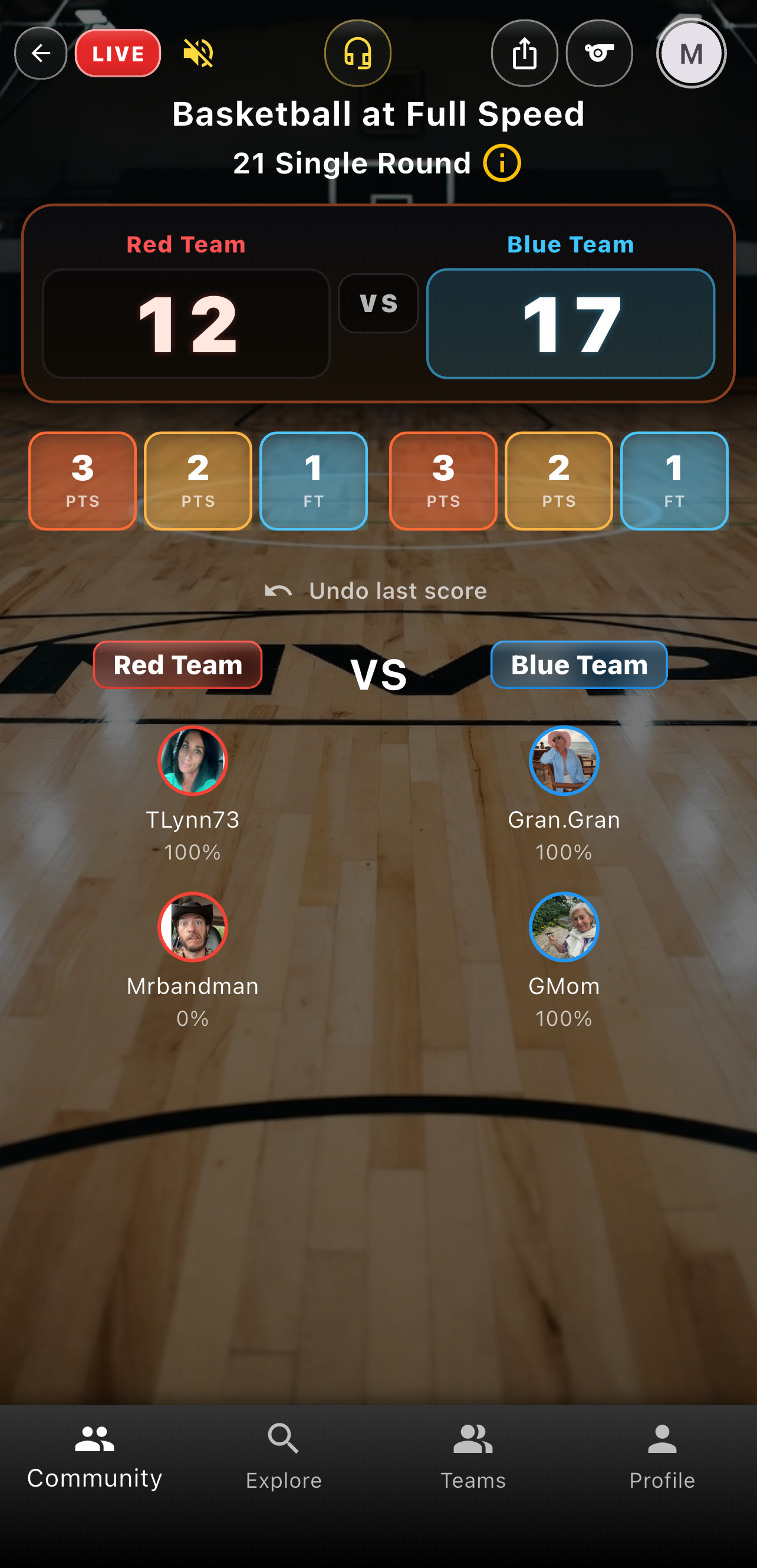 Live basketball pickup Go Time with 12–17 scoreboard and 3/2/1 scoring pad