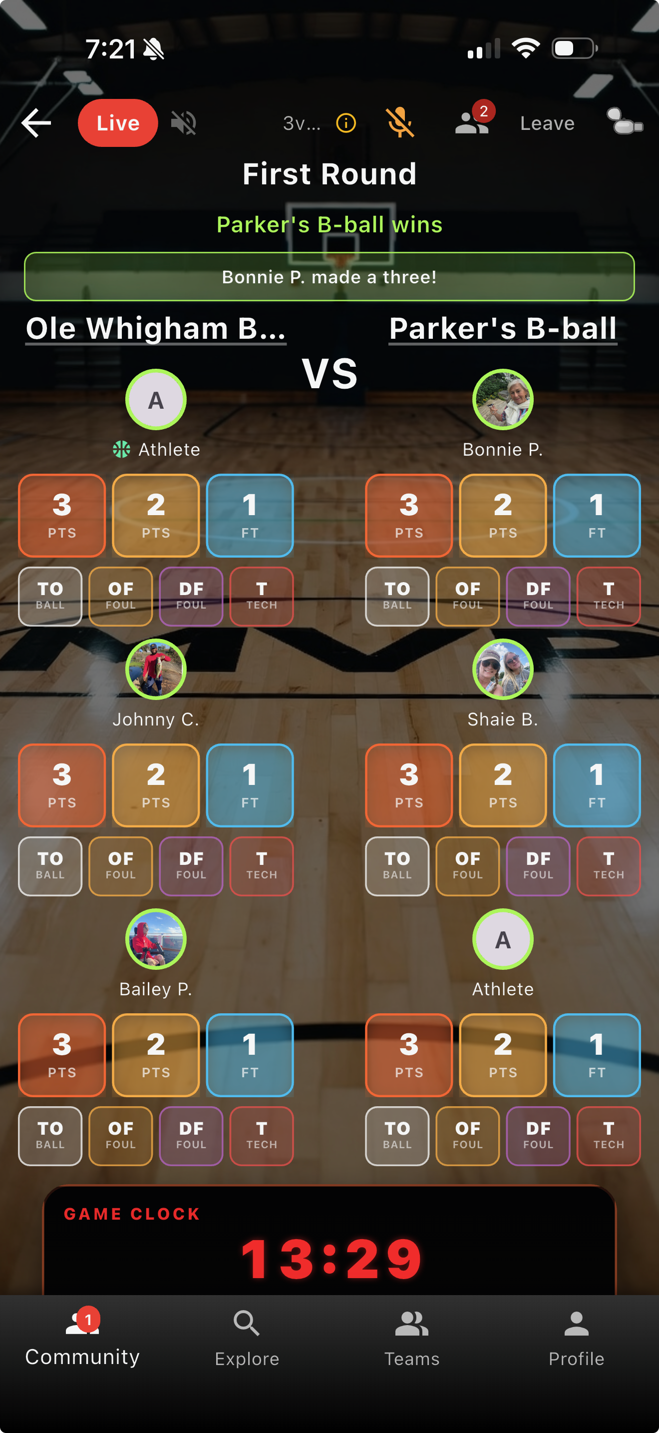 Live timed basketball scoring pad with game clock controls at the bottom