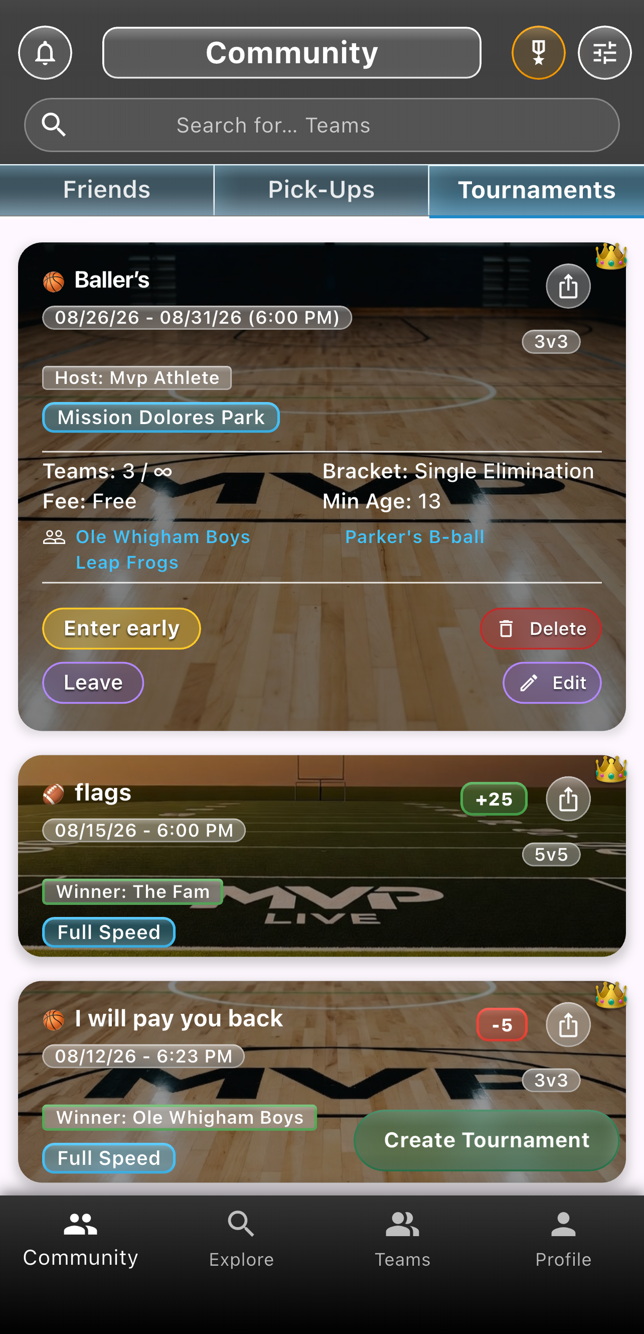 Community Tournaments tab with an expanded 3v3 basketball team event, signed-up teams, and Enter early