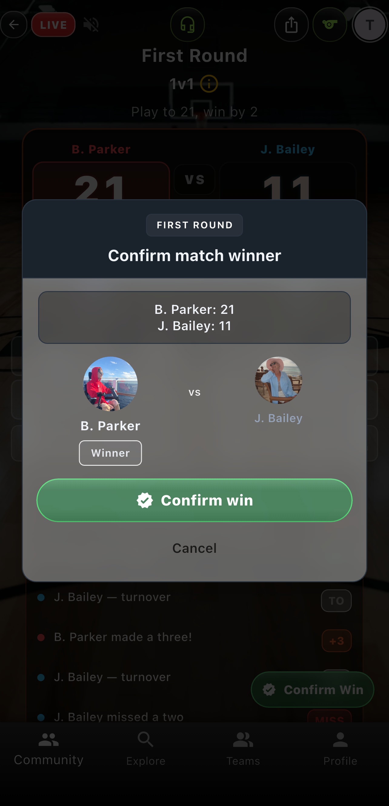 First-round Confirm match winner dialog with scores and Confirm win