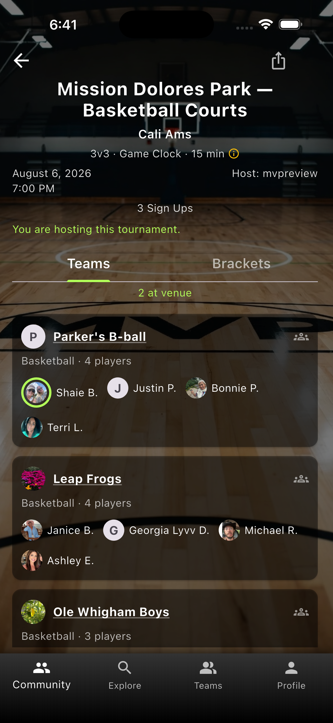 Basketball tournament Go Time teams tab