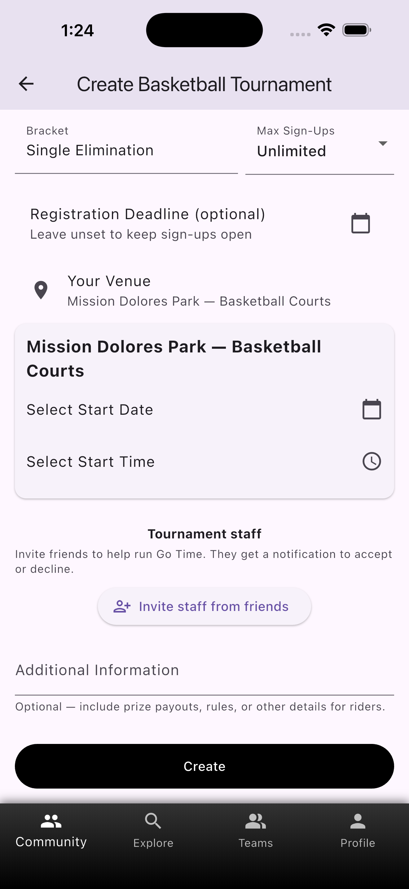Basketball tournament form venue, schedule, and staff invites