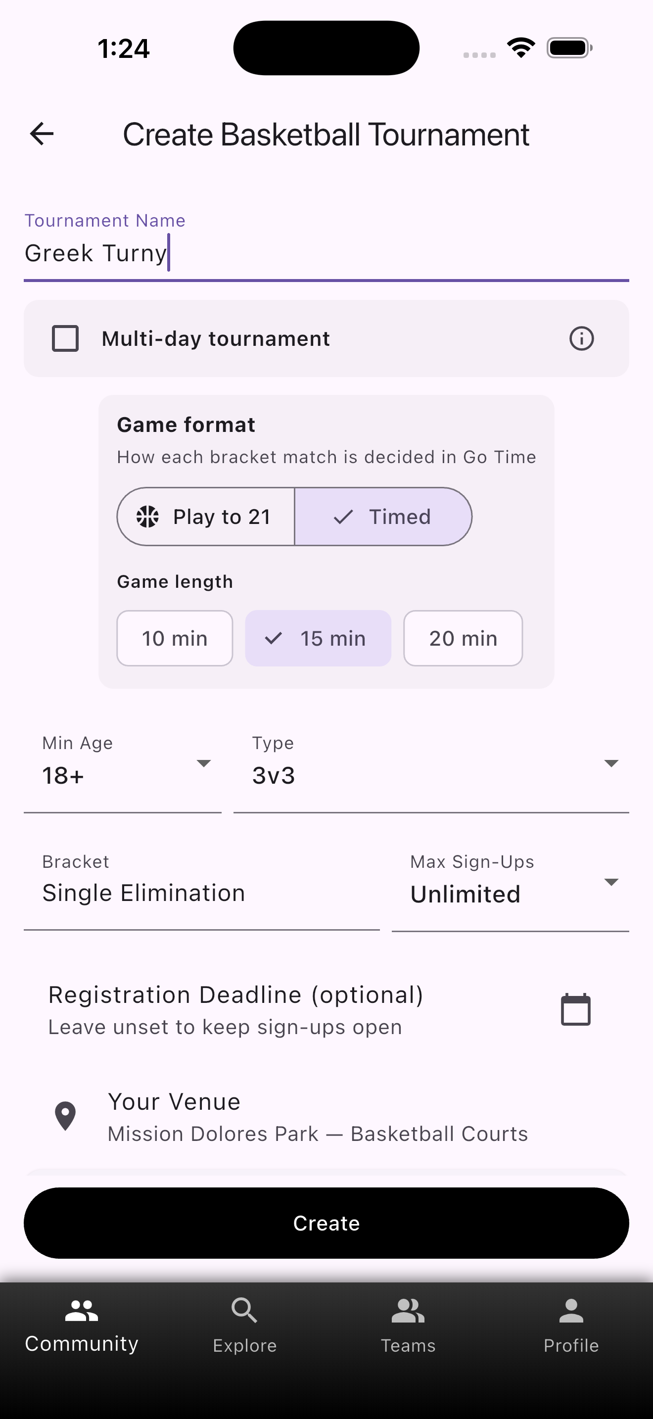 Create Basketball Tournament with Game format: Play to 21 or Timed, and 10/15/20 min game length