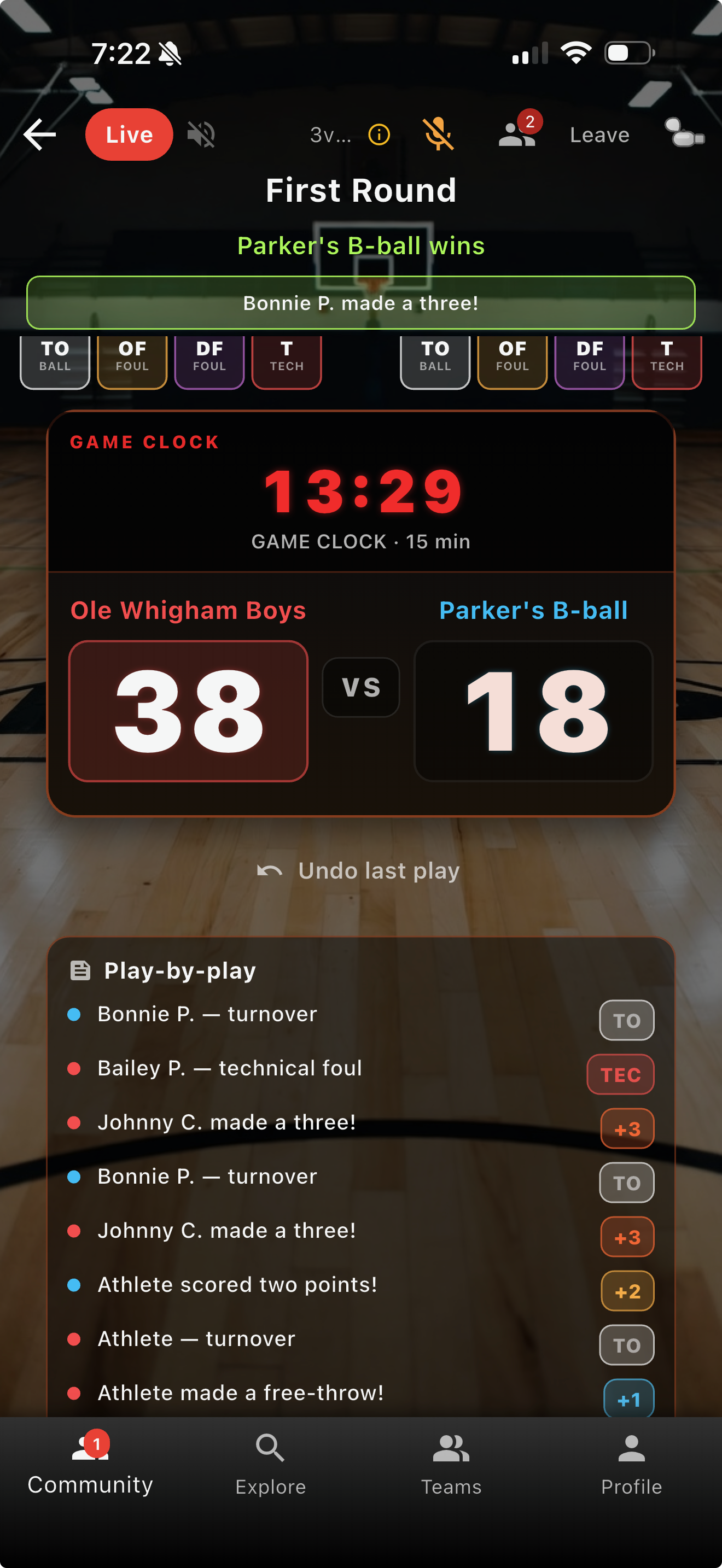 Live timed basketball match with GAME CLOCK 15 min, scoreboard, and play-by-play
