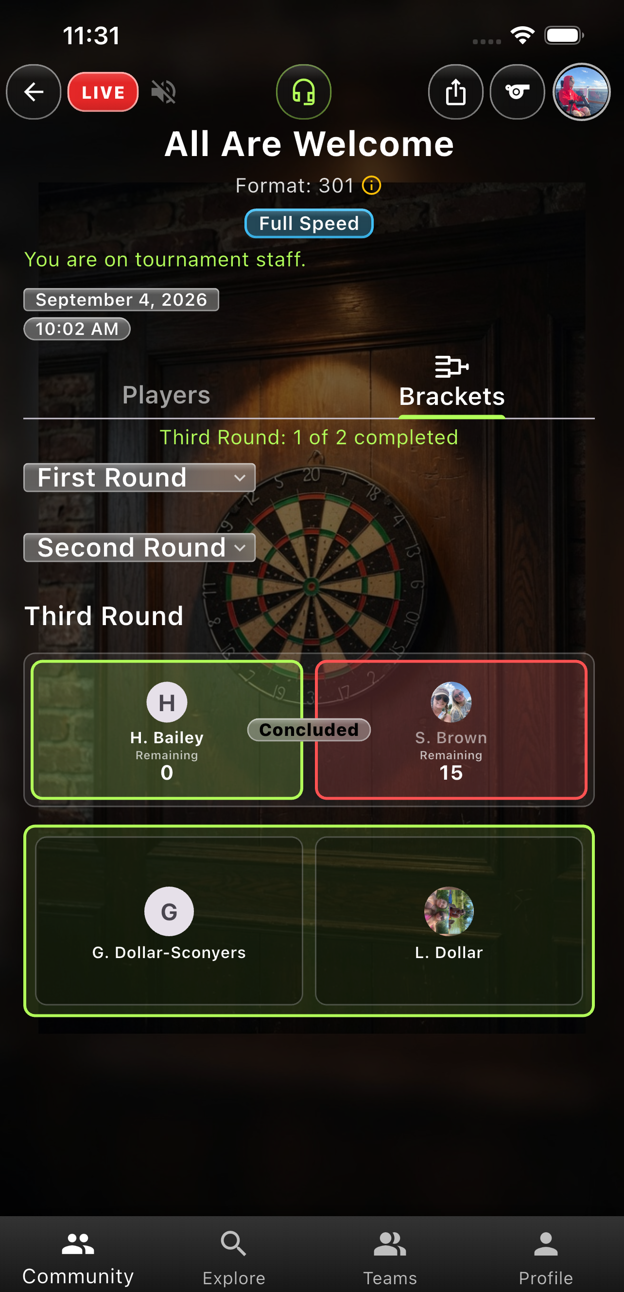 Darts tournament brackets tab in the third round