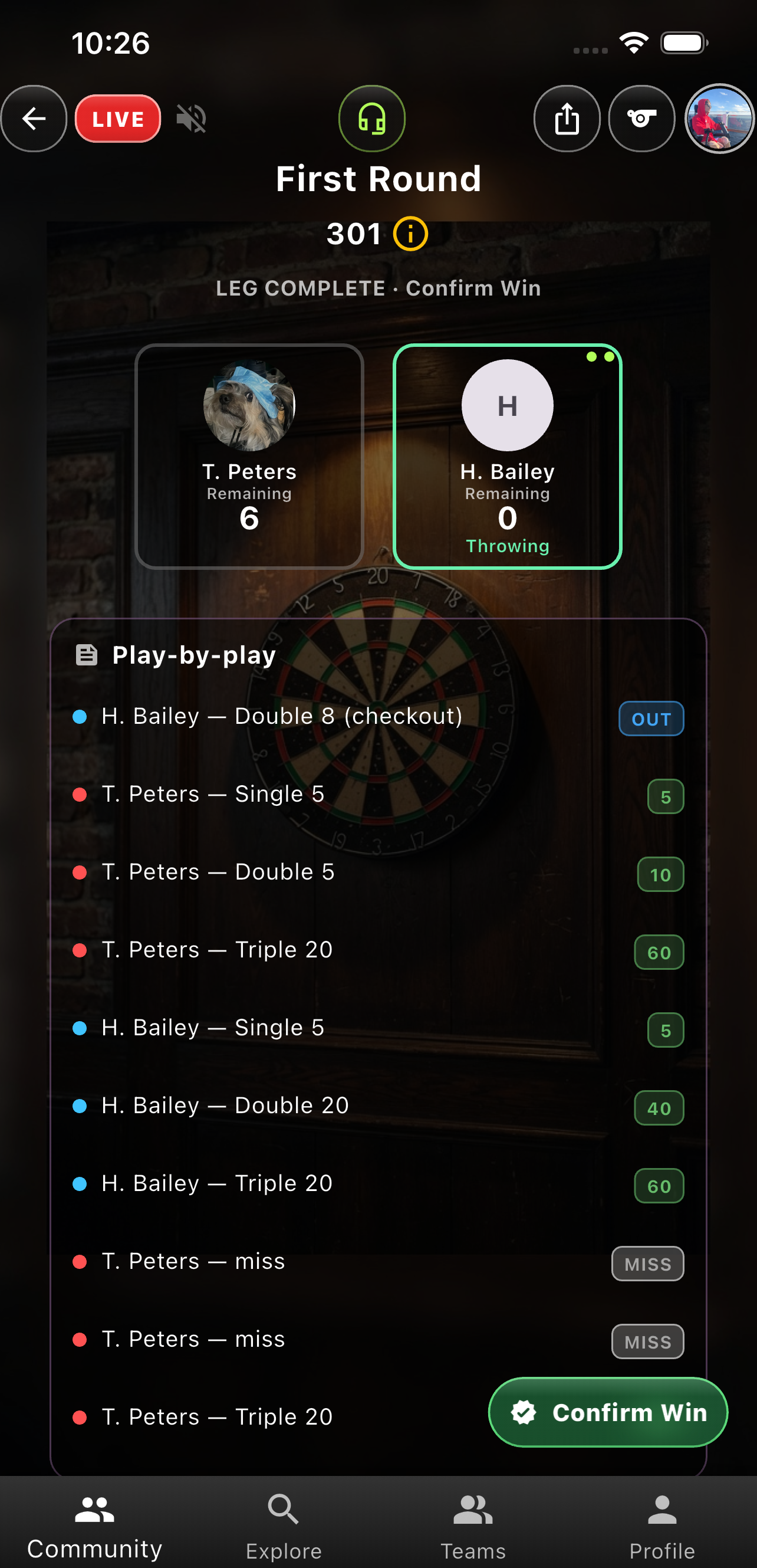 Darts first-round match with play-by-play, checkout, and Confirm Win