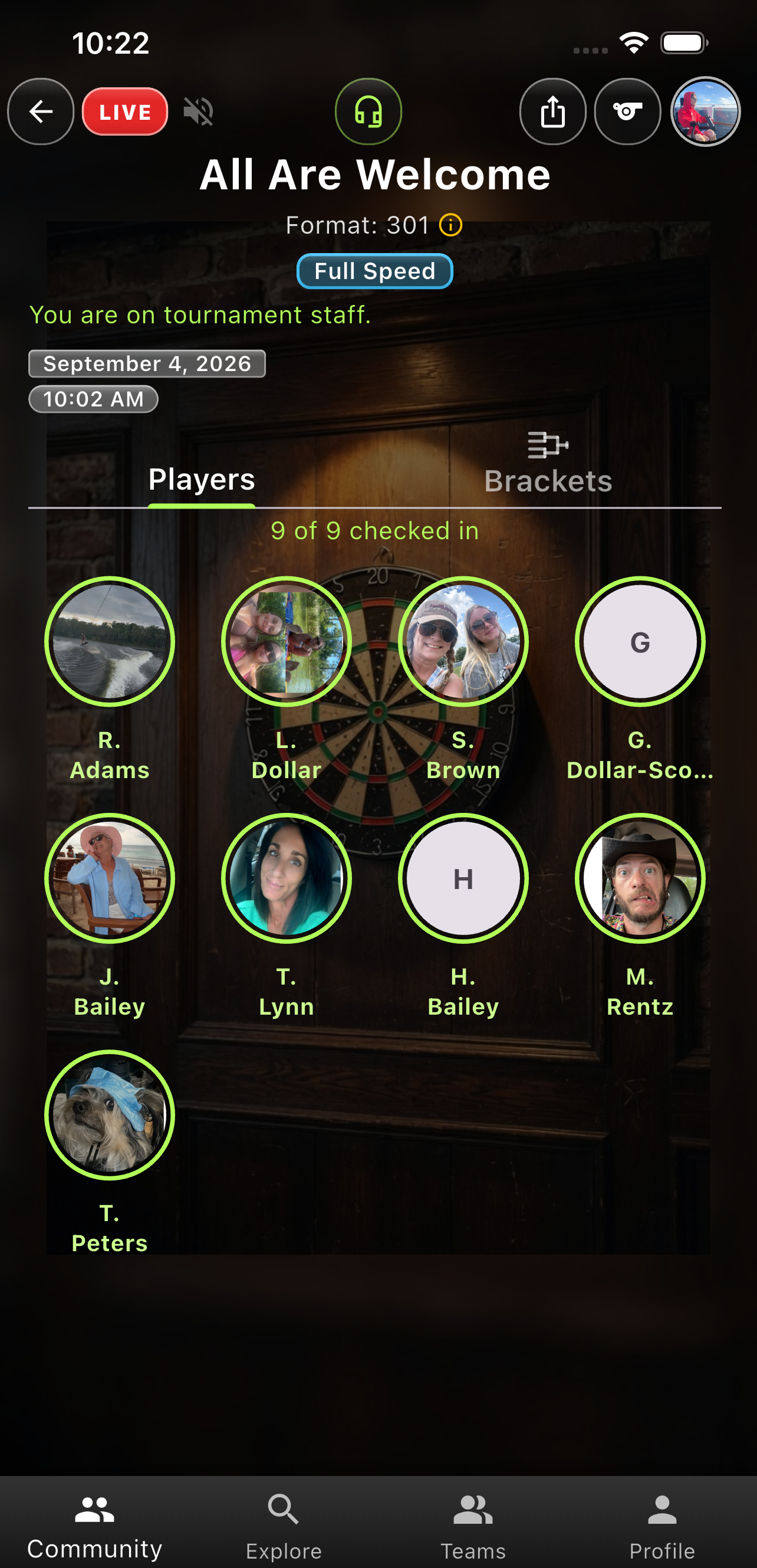Darts 301 tournament Go Time Players tab with 9 of 9 checked in