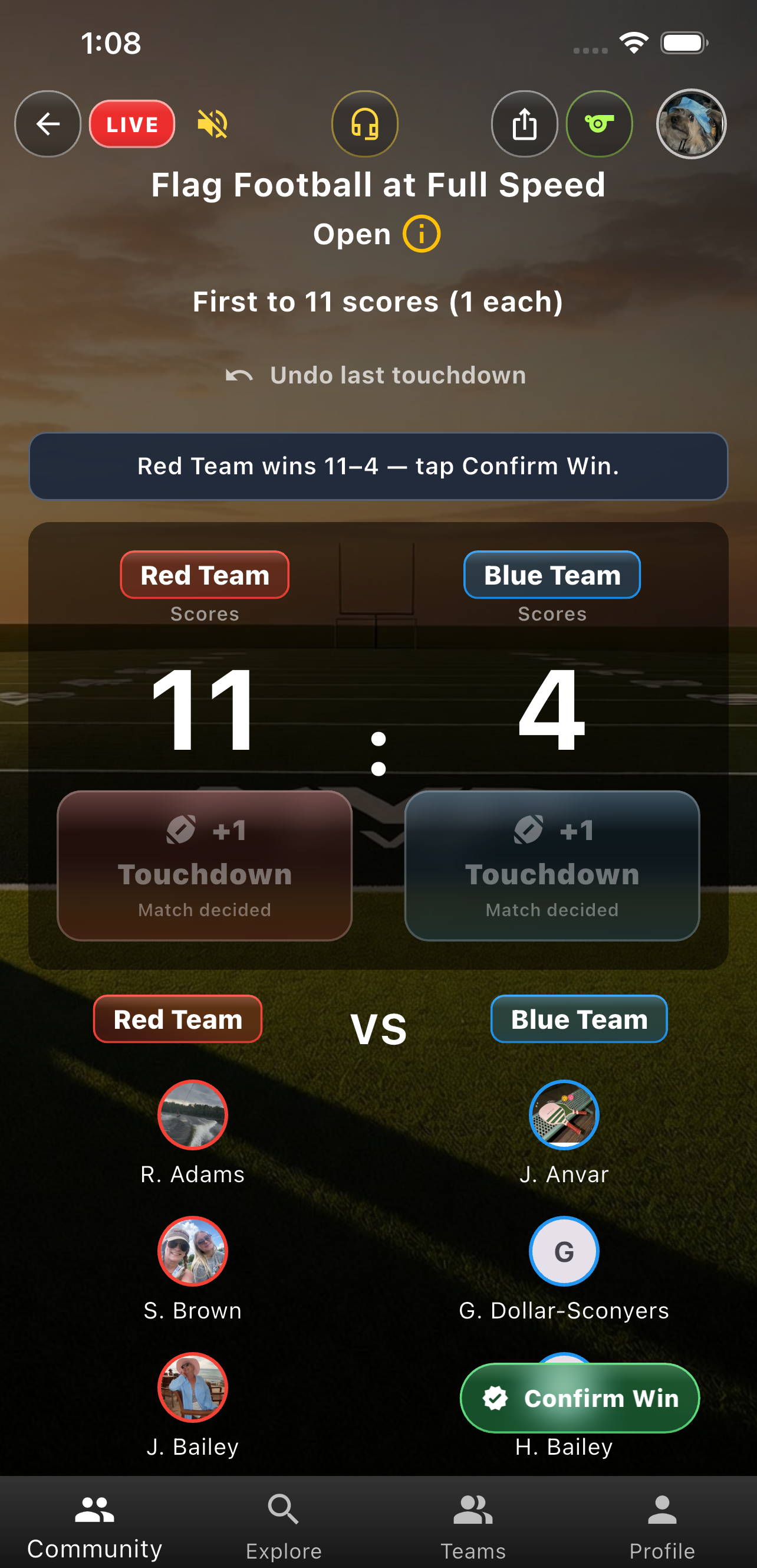 Official Flag Football Go Time at 11–4 with Confirm Win