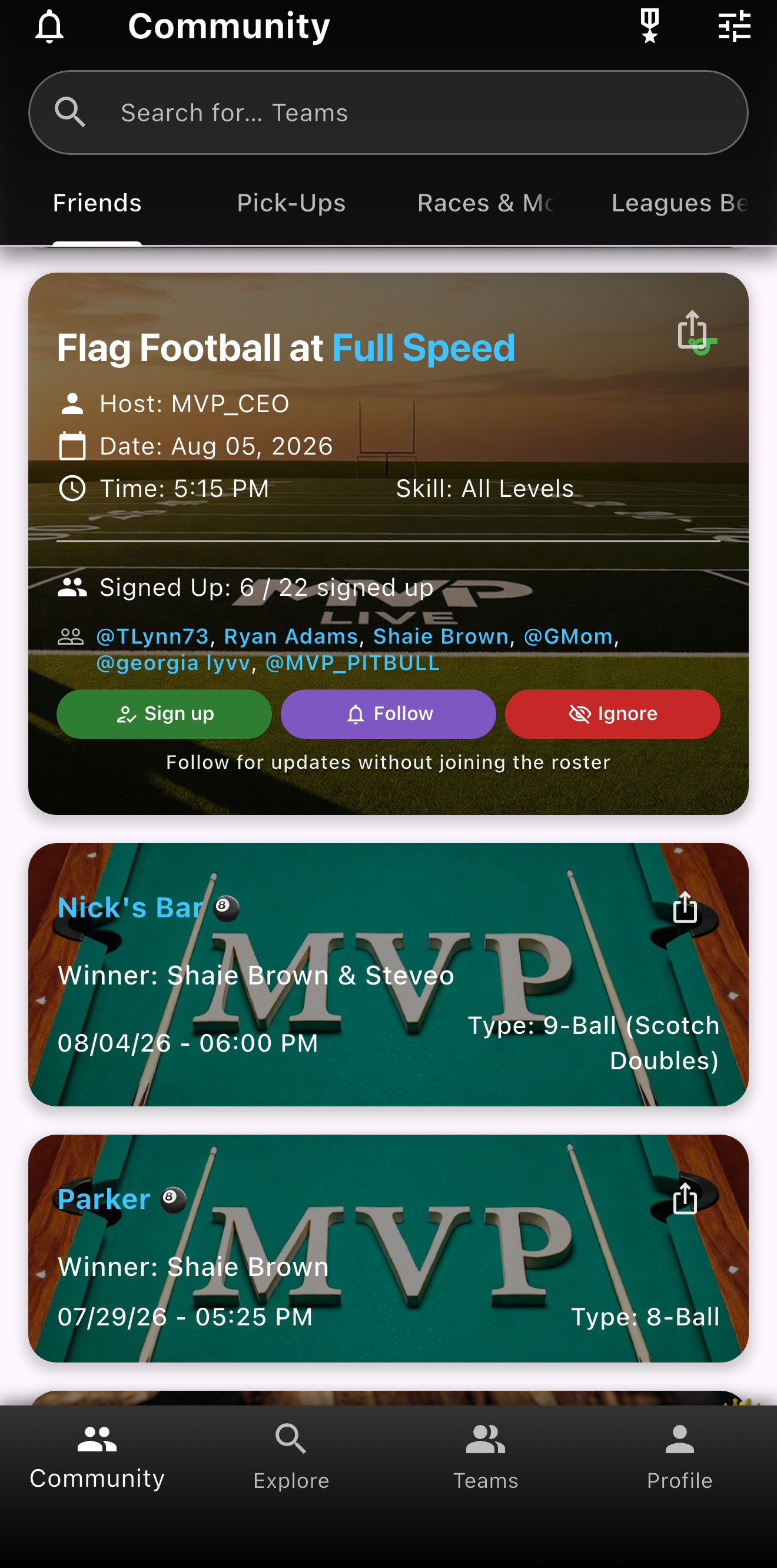 Friends feed with flag football event card