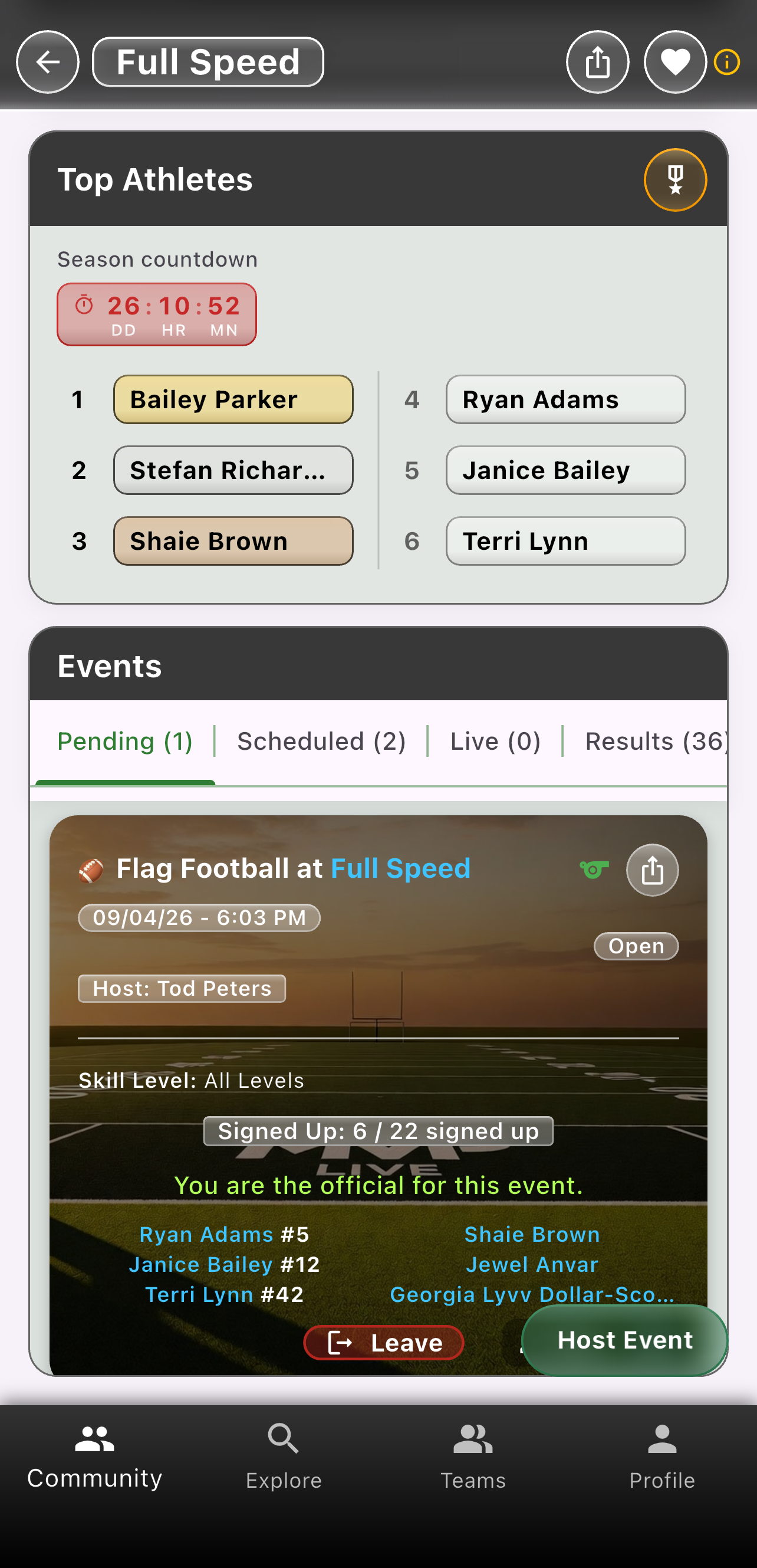 Venue details with top athletes, season countdown, and a pending flag football pickup