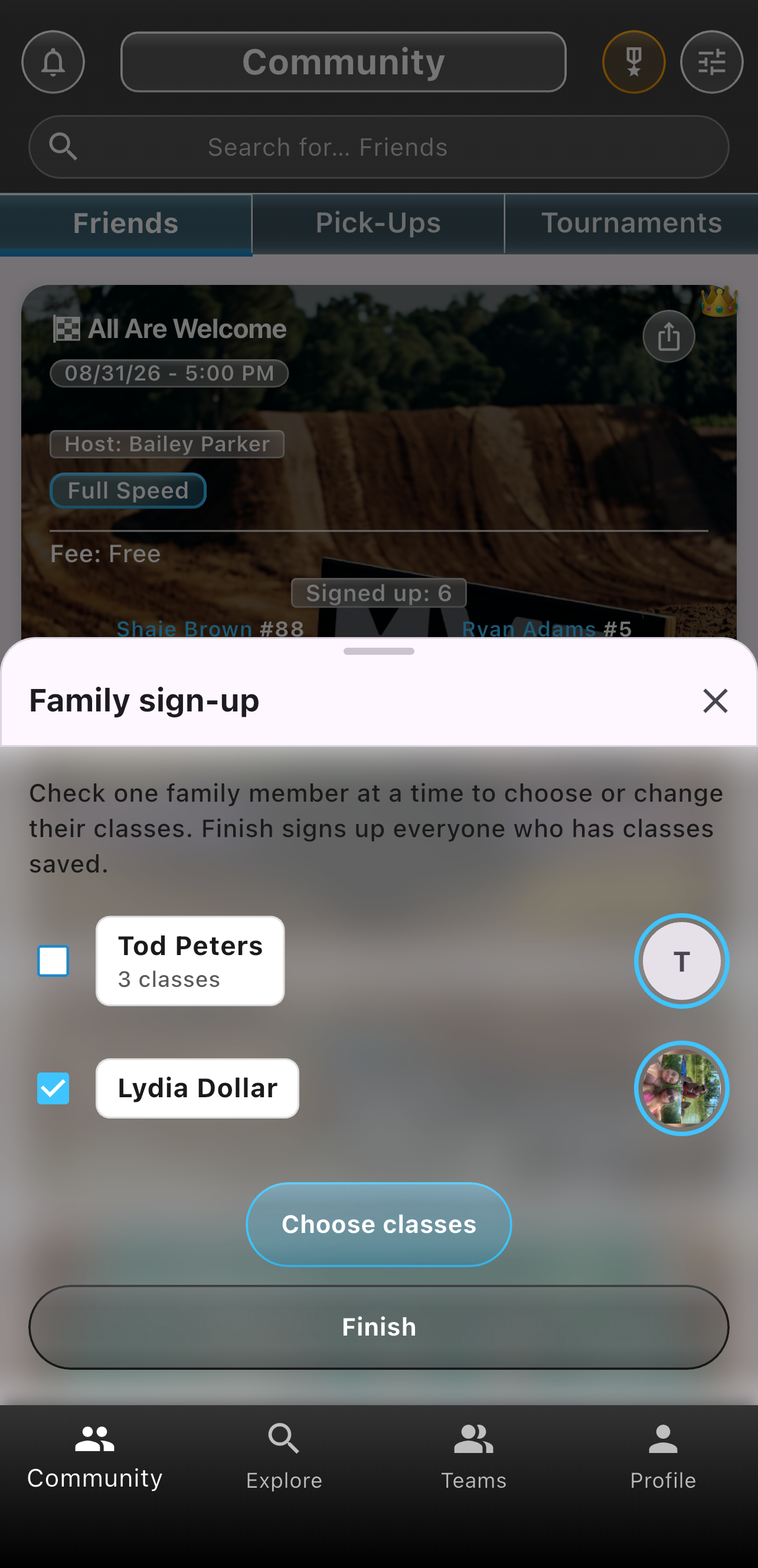 Family sign-up sheet for an MX race, choosing classes for each family member