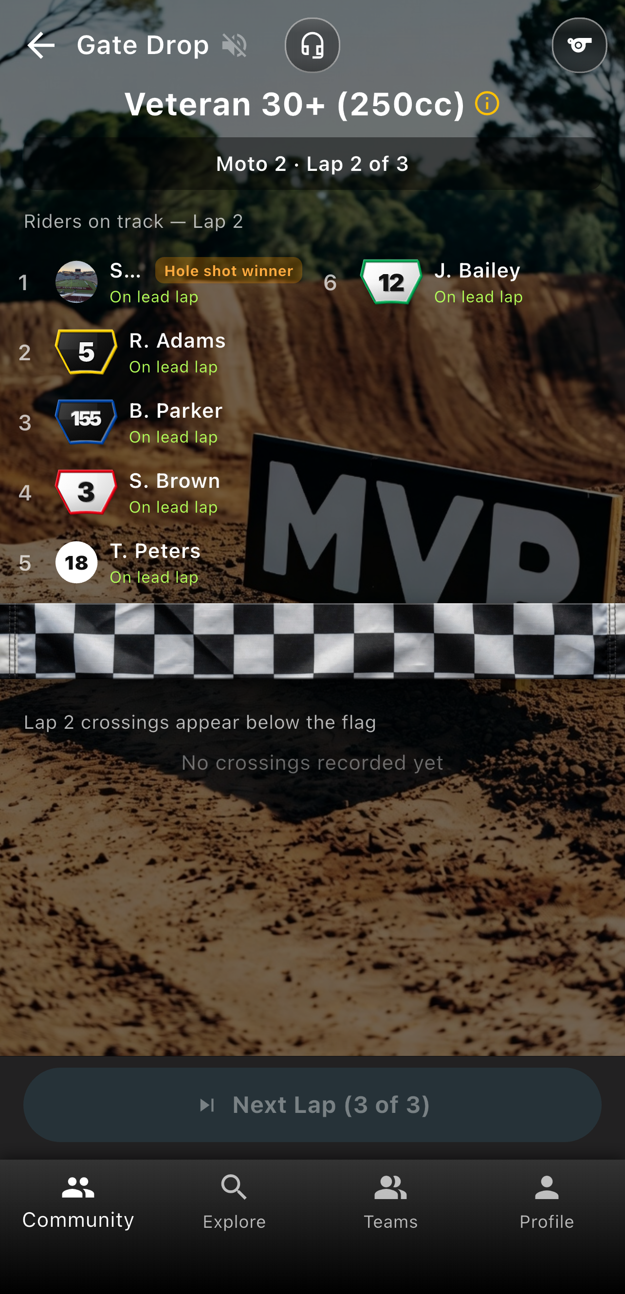 Motocross Gate Drop with holeshot winner, number plates, and lap-by-lap scoring