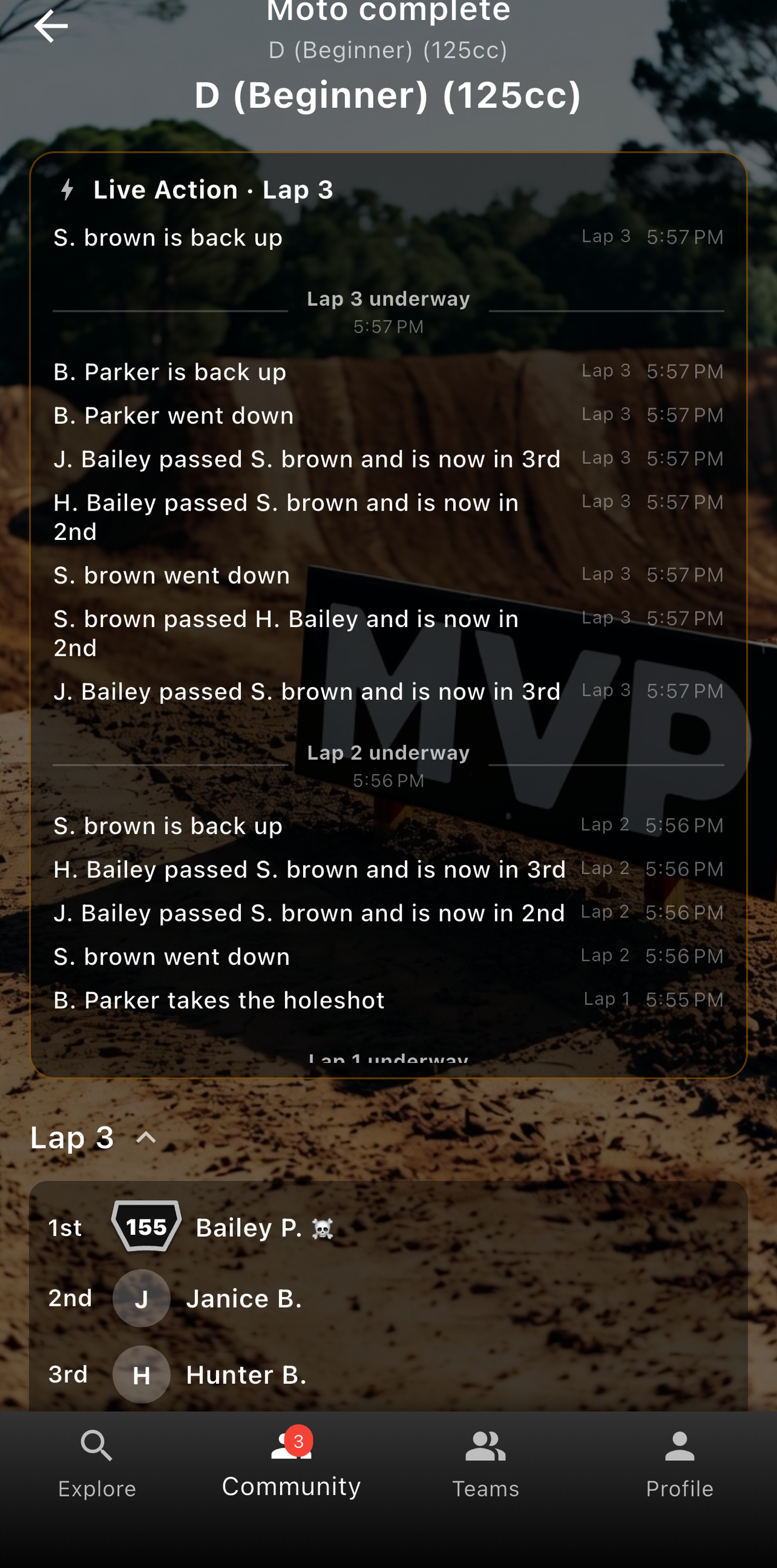 Motocross live action feed