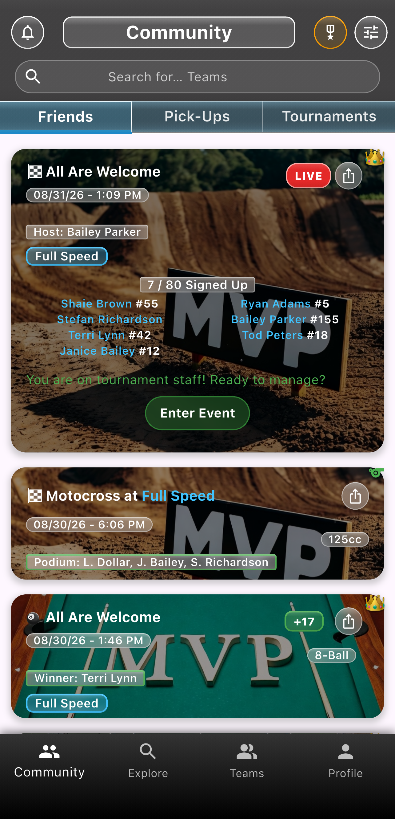 Live motocross race card on the friends feed with signed-up riders and Enter Event