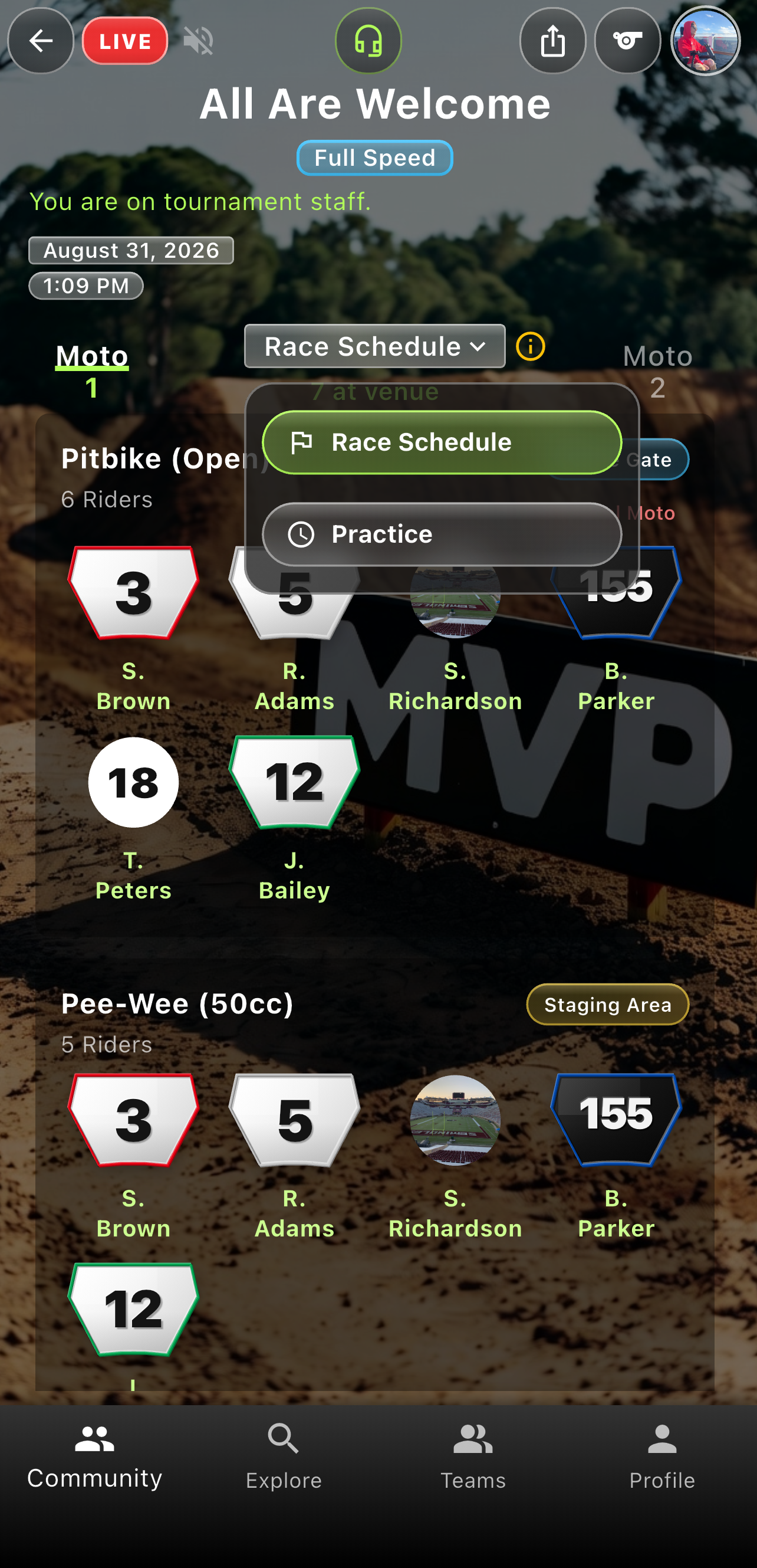 Motocross race schedule dropdown expanded showing the Practice option