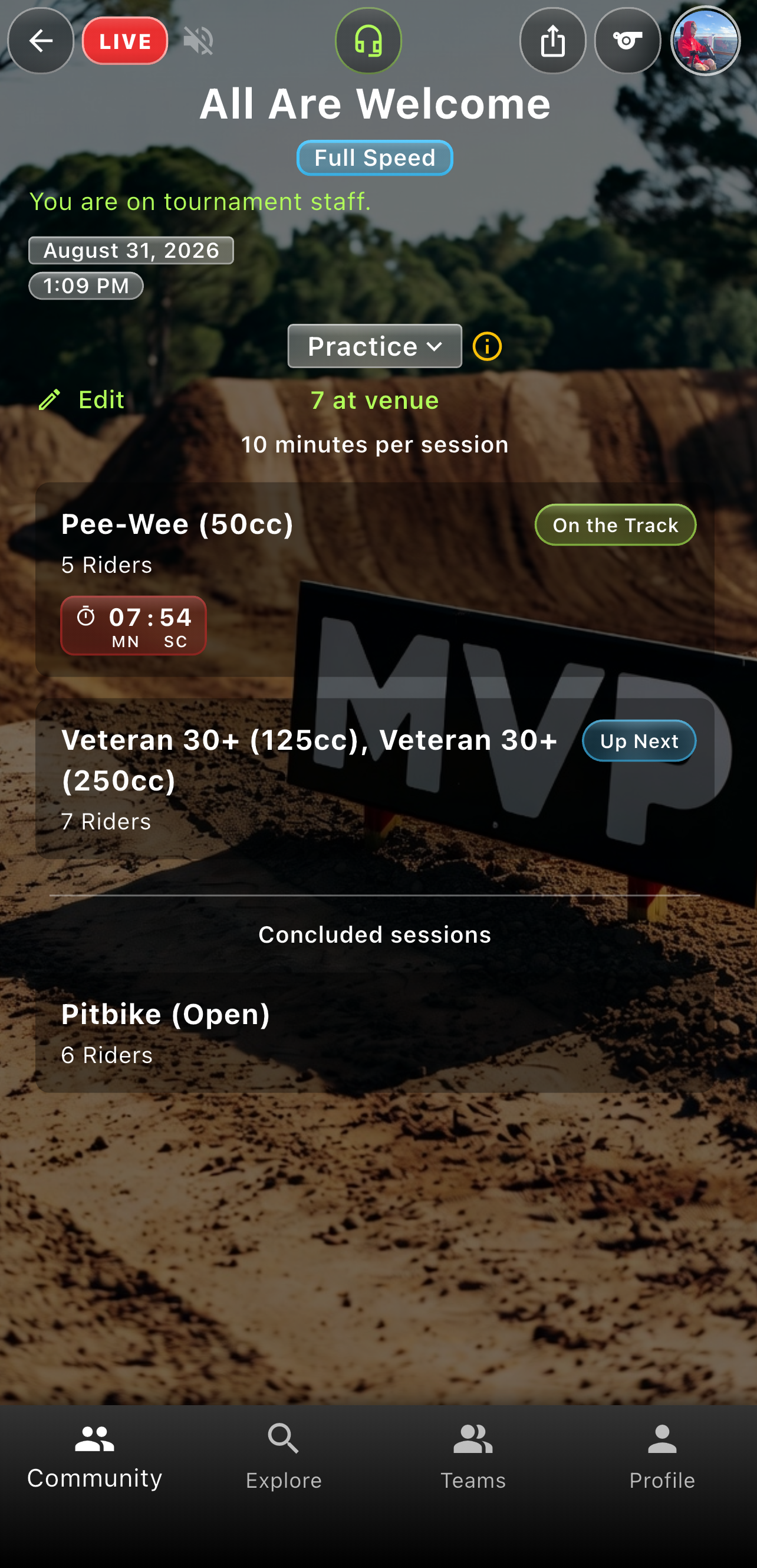 Motocross practice schedule with the session clock counting down on the track