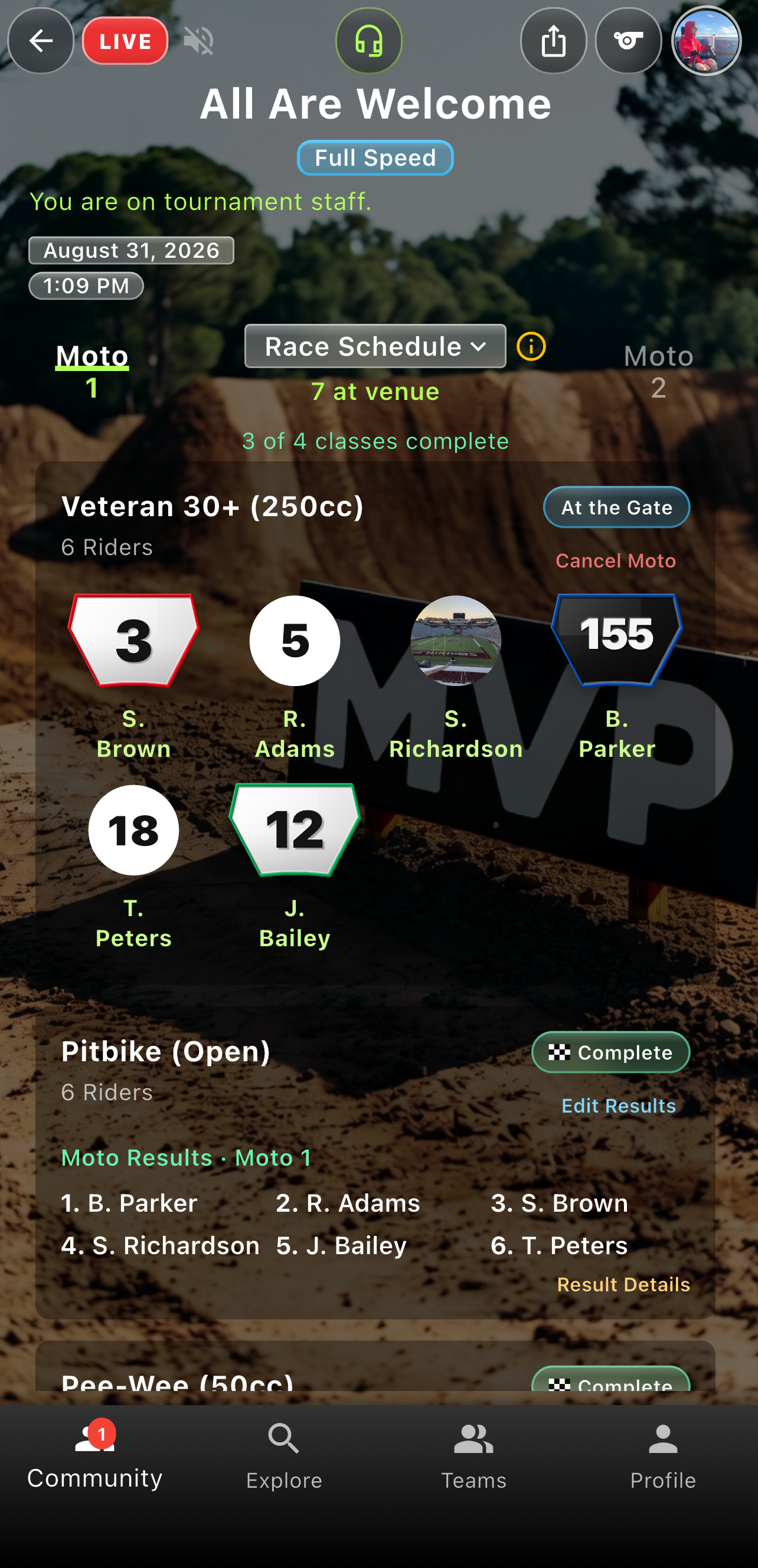 Motocross race schedule with a completed class and Moto 1 results