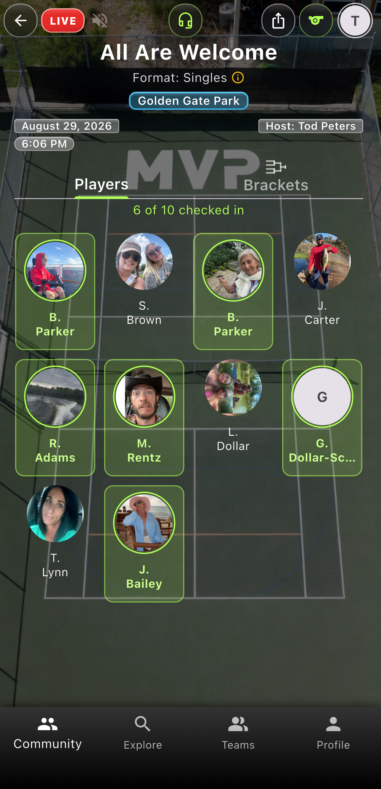 Pickleball singles tournament Go Time Players tab with 6 of 10 checked in