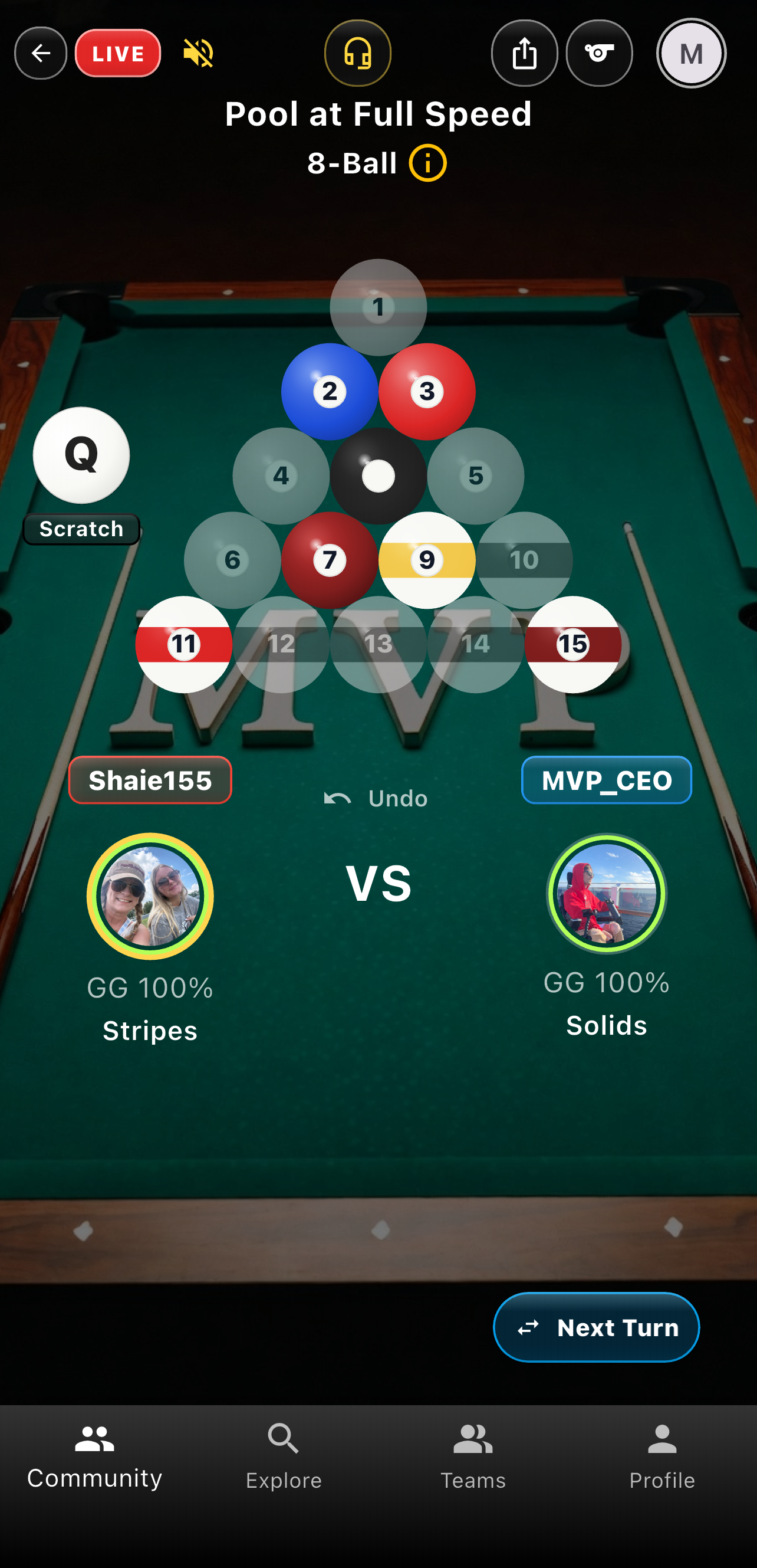 Official 8-ball pickup Go Time with the rack, stripes vs solids, and Next Turn