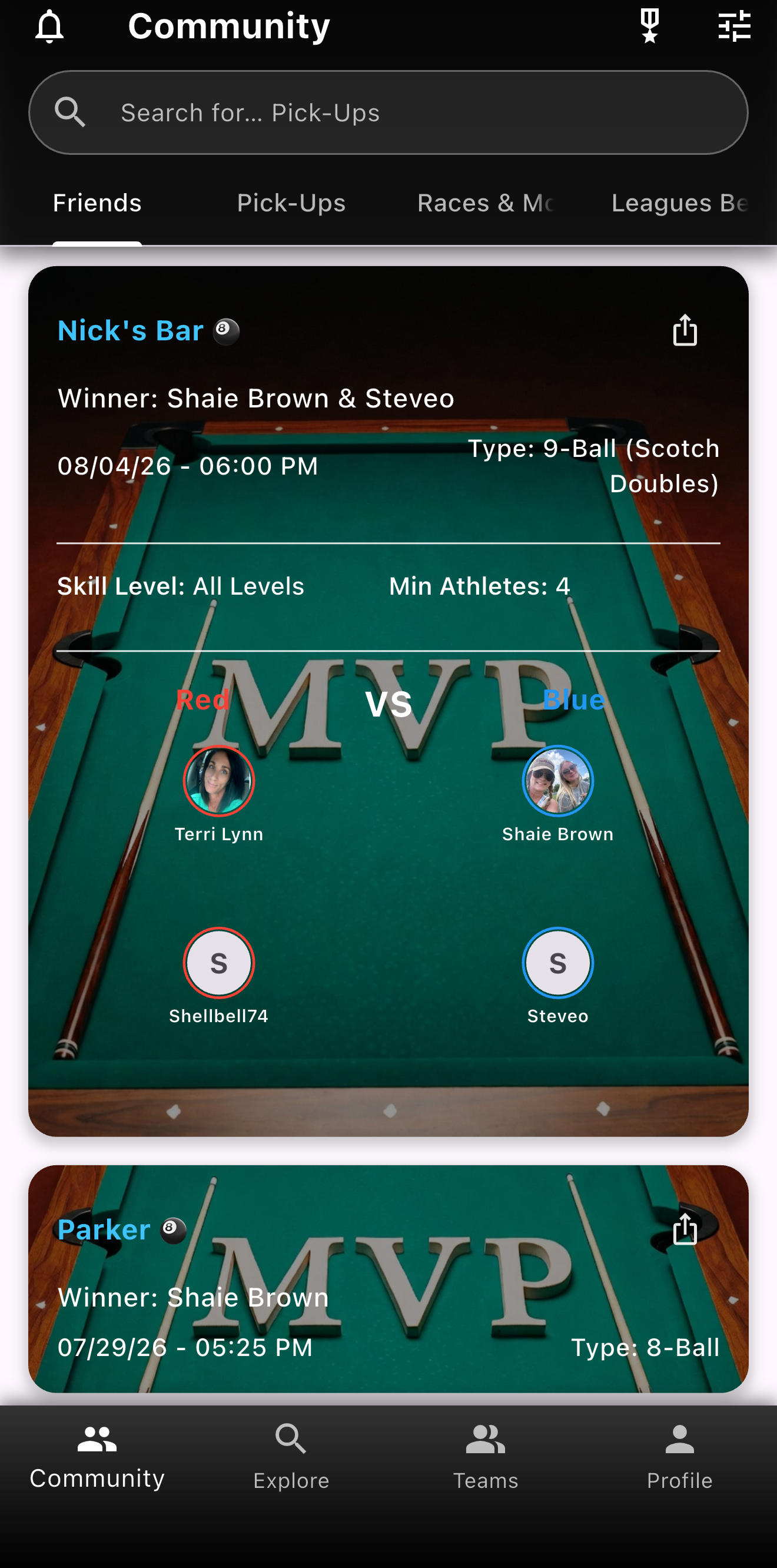 Pool scotch doubles results card