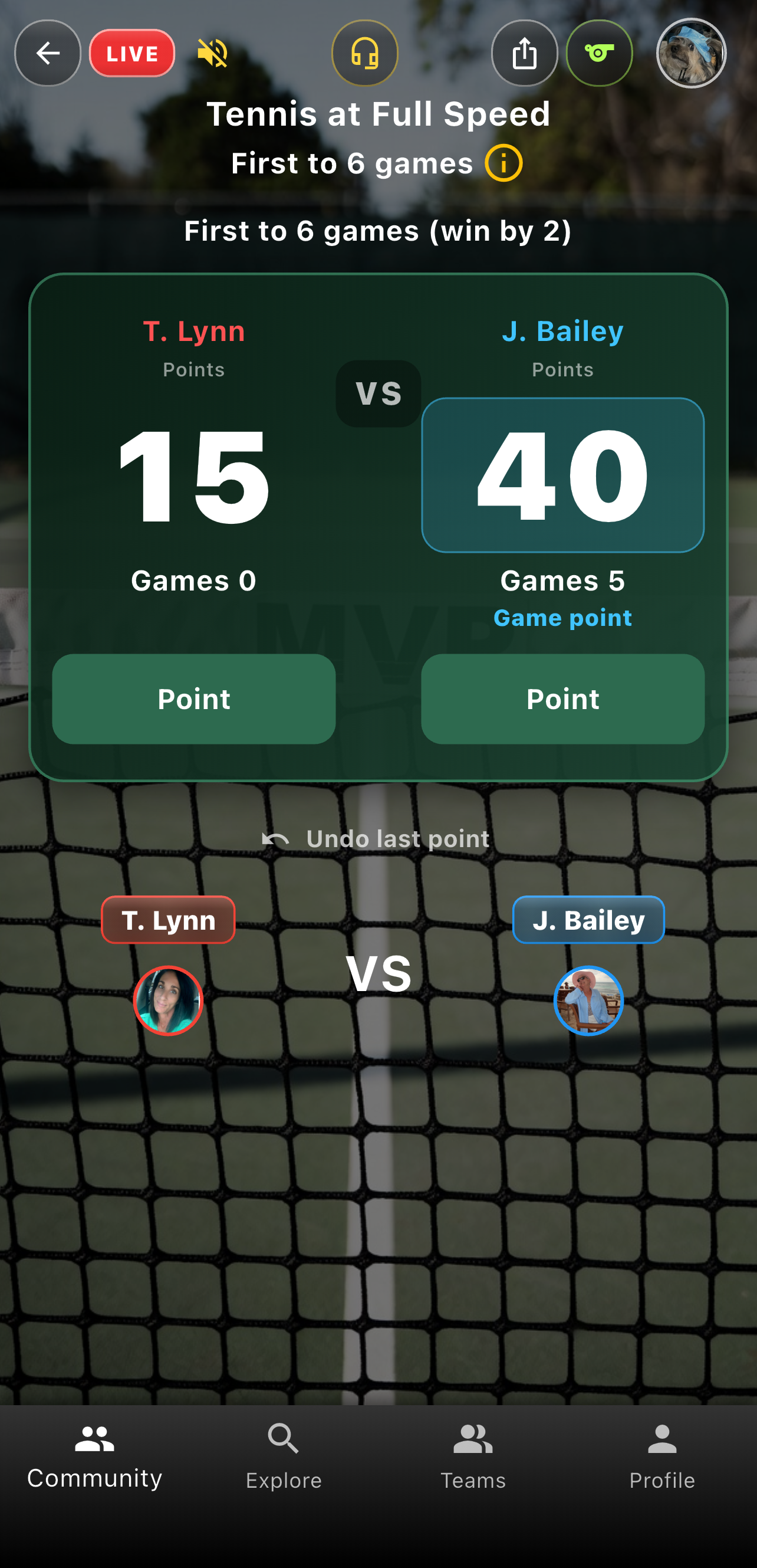Live tennis pickup Go Time at game point