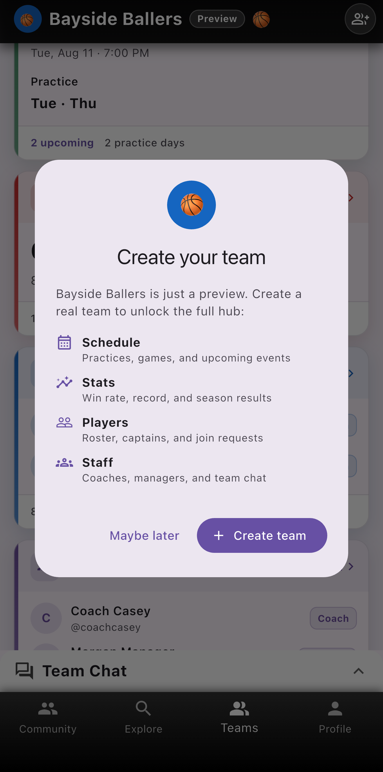 Create your team hub with schedule, stats, players, and staff