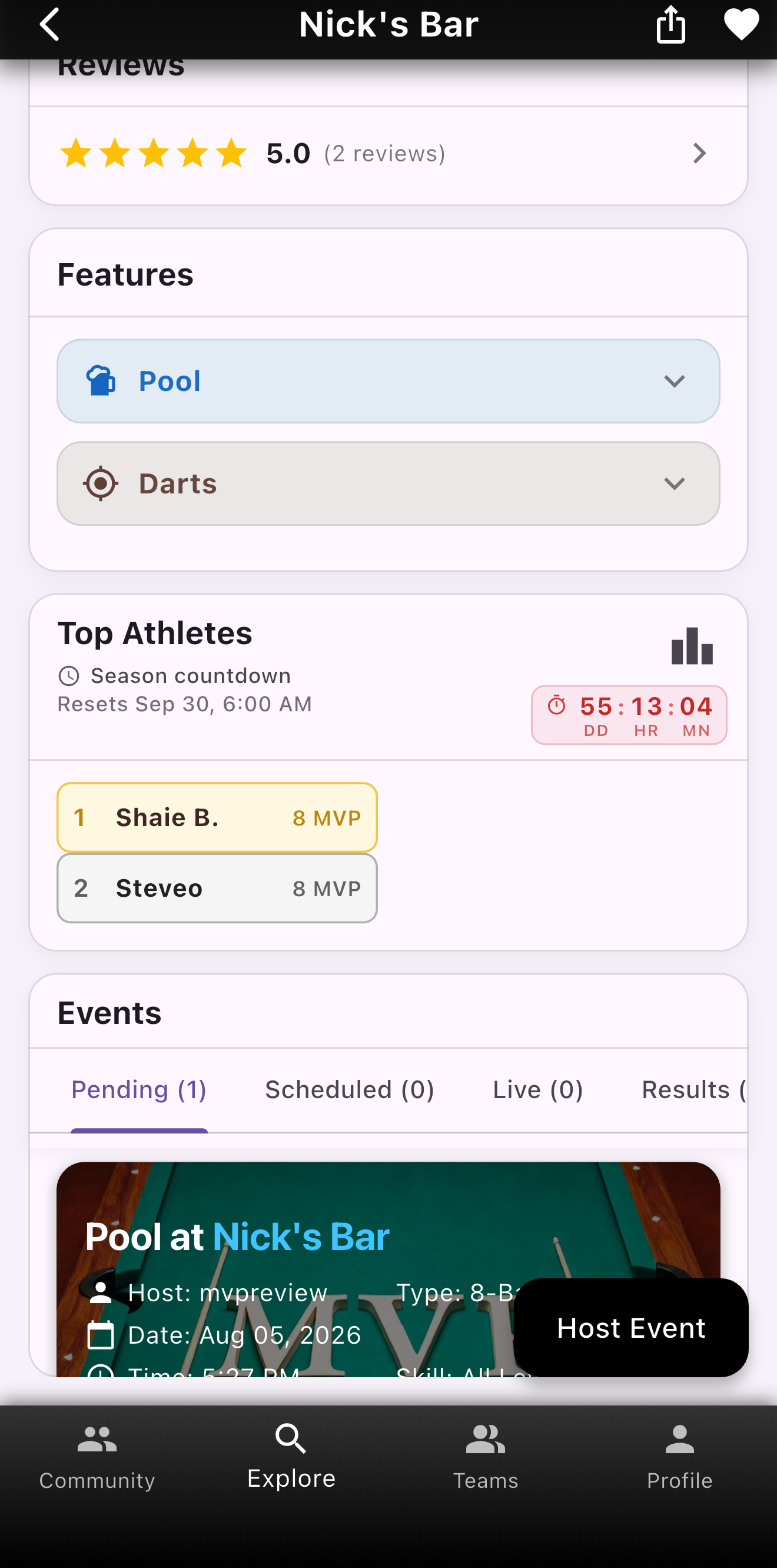Venue details with reviews, top athletes, and events